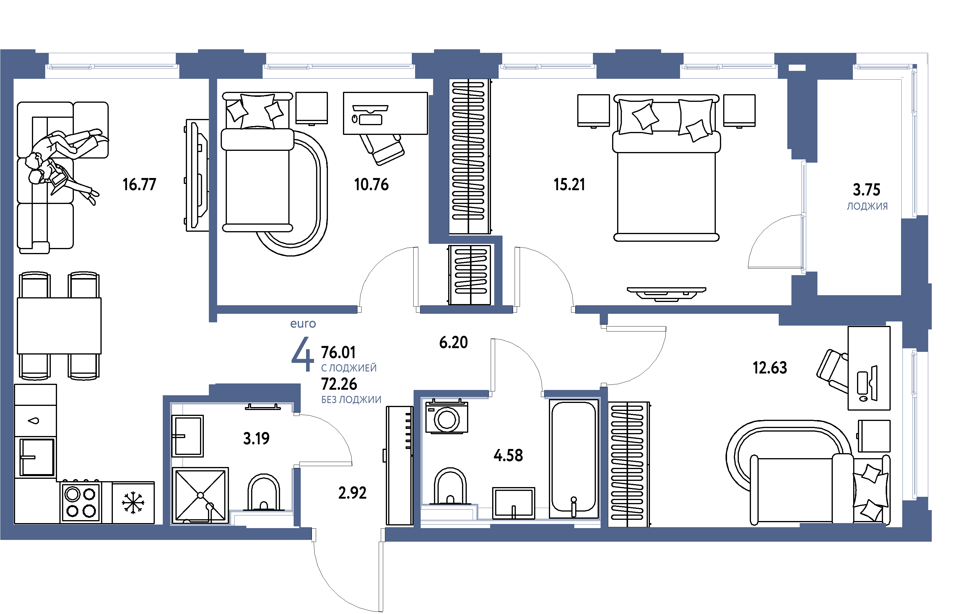 ЖК "Сердце Сибири"-4-комнатная 76.01 м²