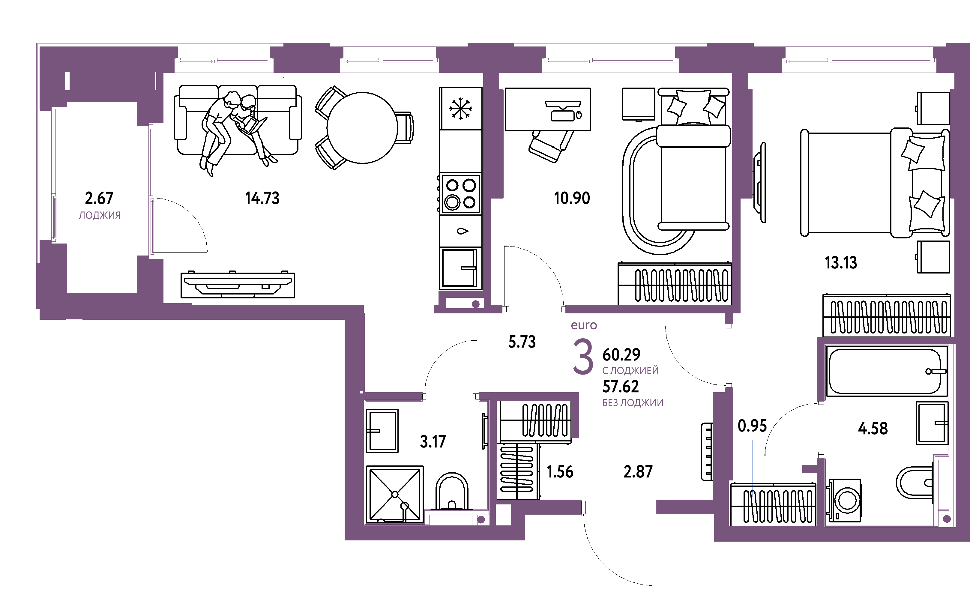 ЖК "Сердце Сибири"-3-комнатная 60.29 м²