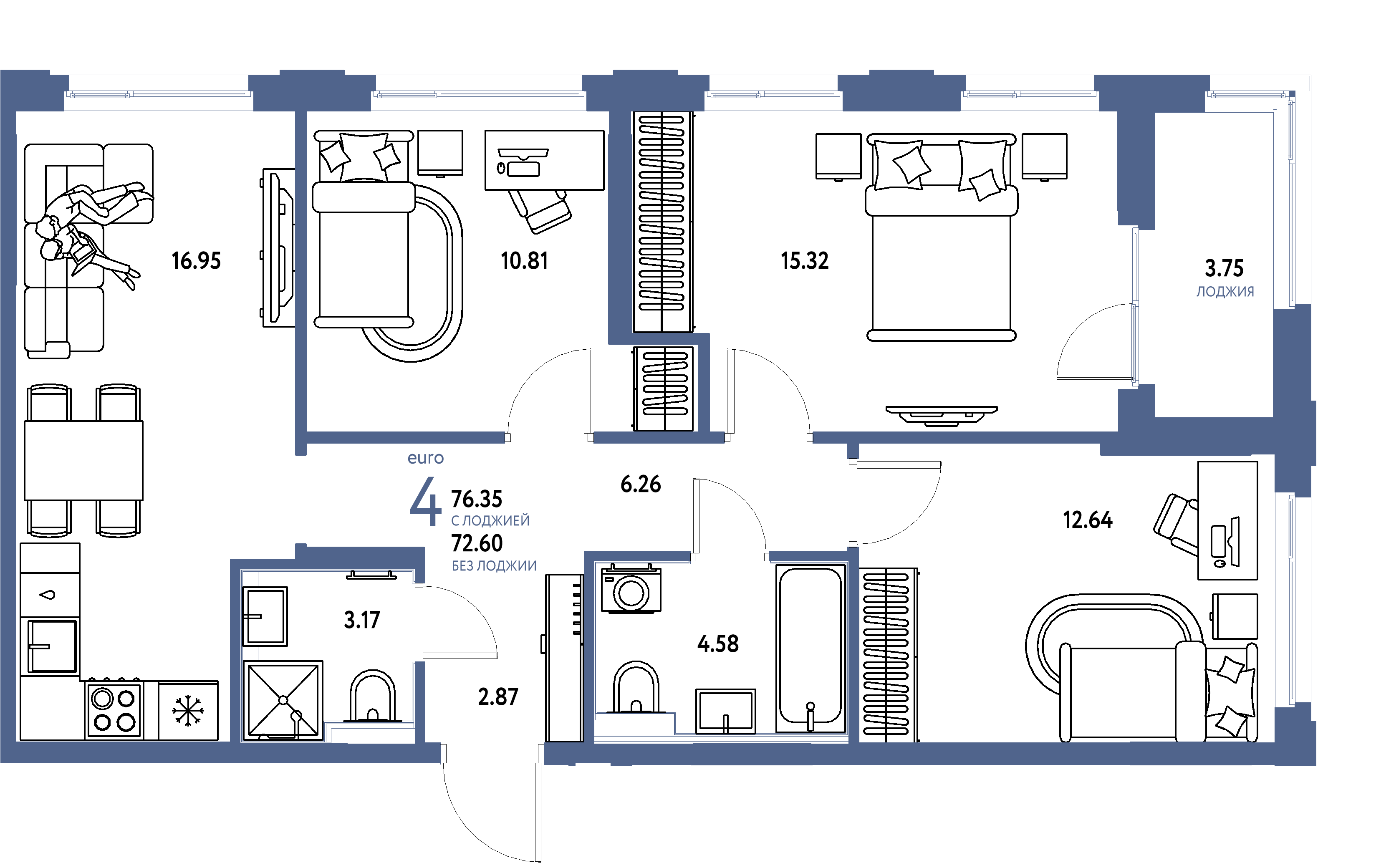 ЖК "Сердце Сибири"-4-комнатная 76.35 м²