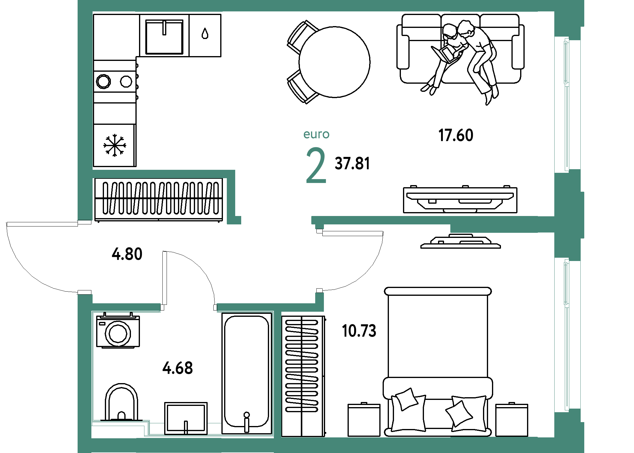 ЖК "Сердце Сибири"-2-комнатная 37.81 м²