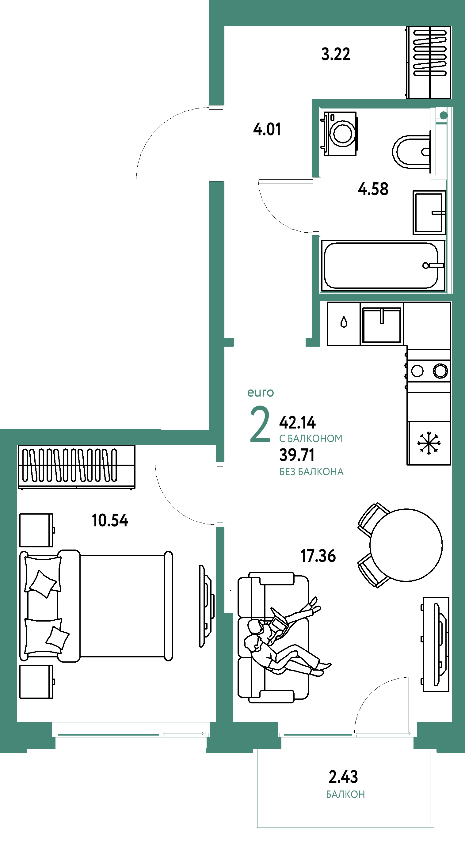 ЖК "Сердце Сибири"-2-комнатная 42.14 м²