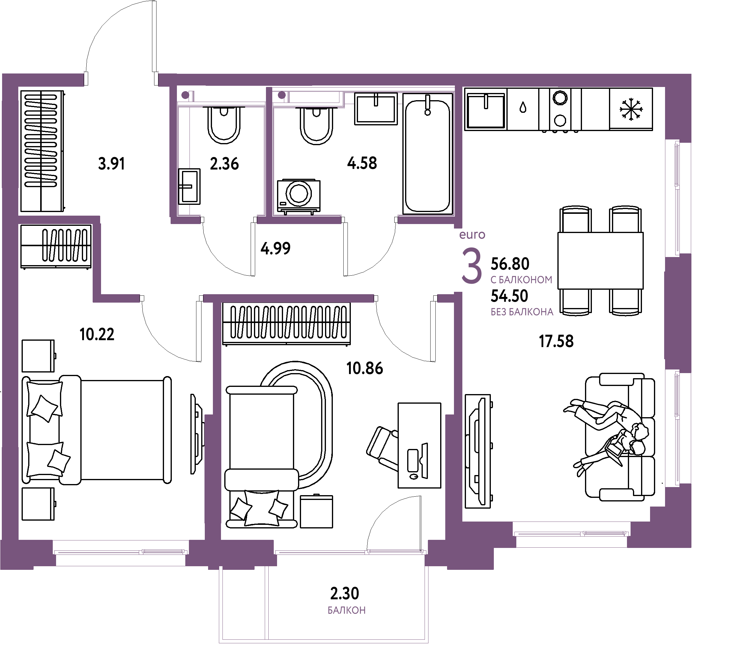 ЖК "Сердце Сибири"-3-комнатная 56.8 м²