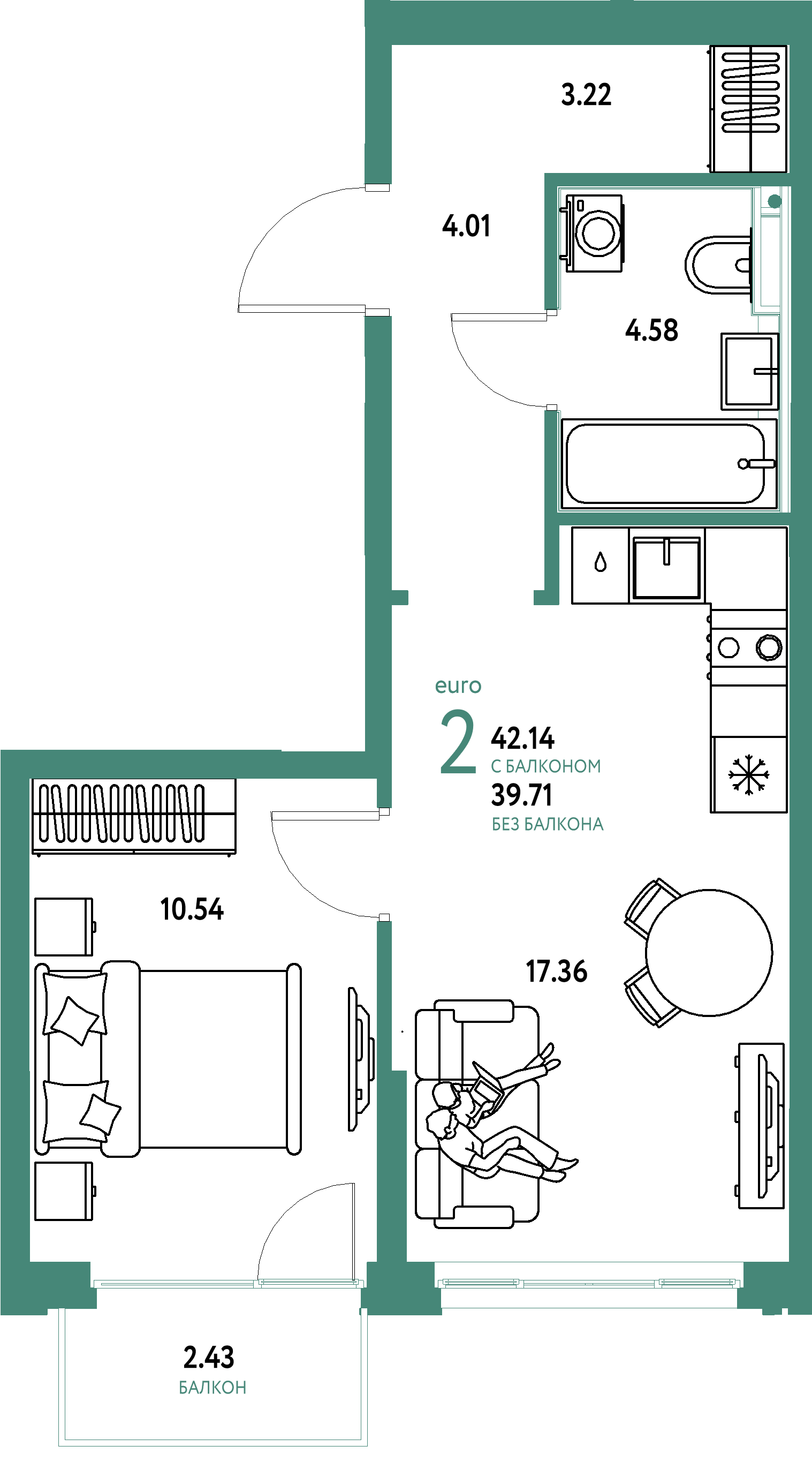 ЖК "Сердце Сибири"-2-комнатная 42.14 м²