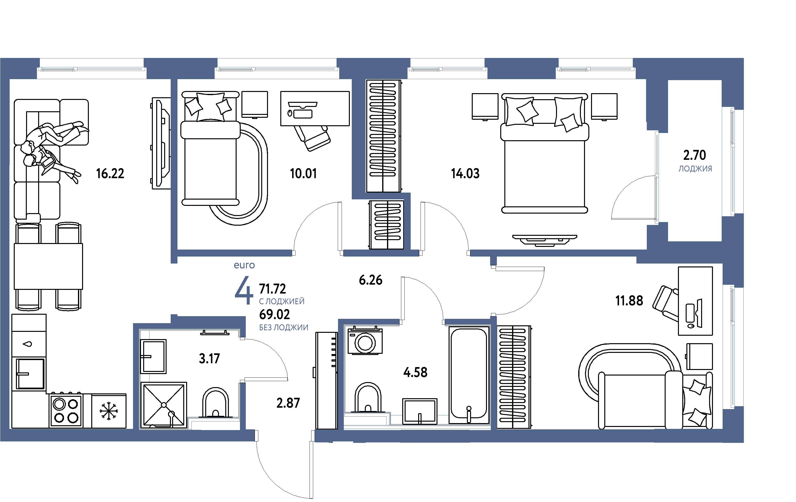 ЖК "Сердце Сибири"-4-комнатная 71.72 м²