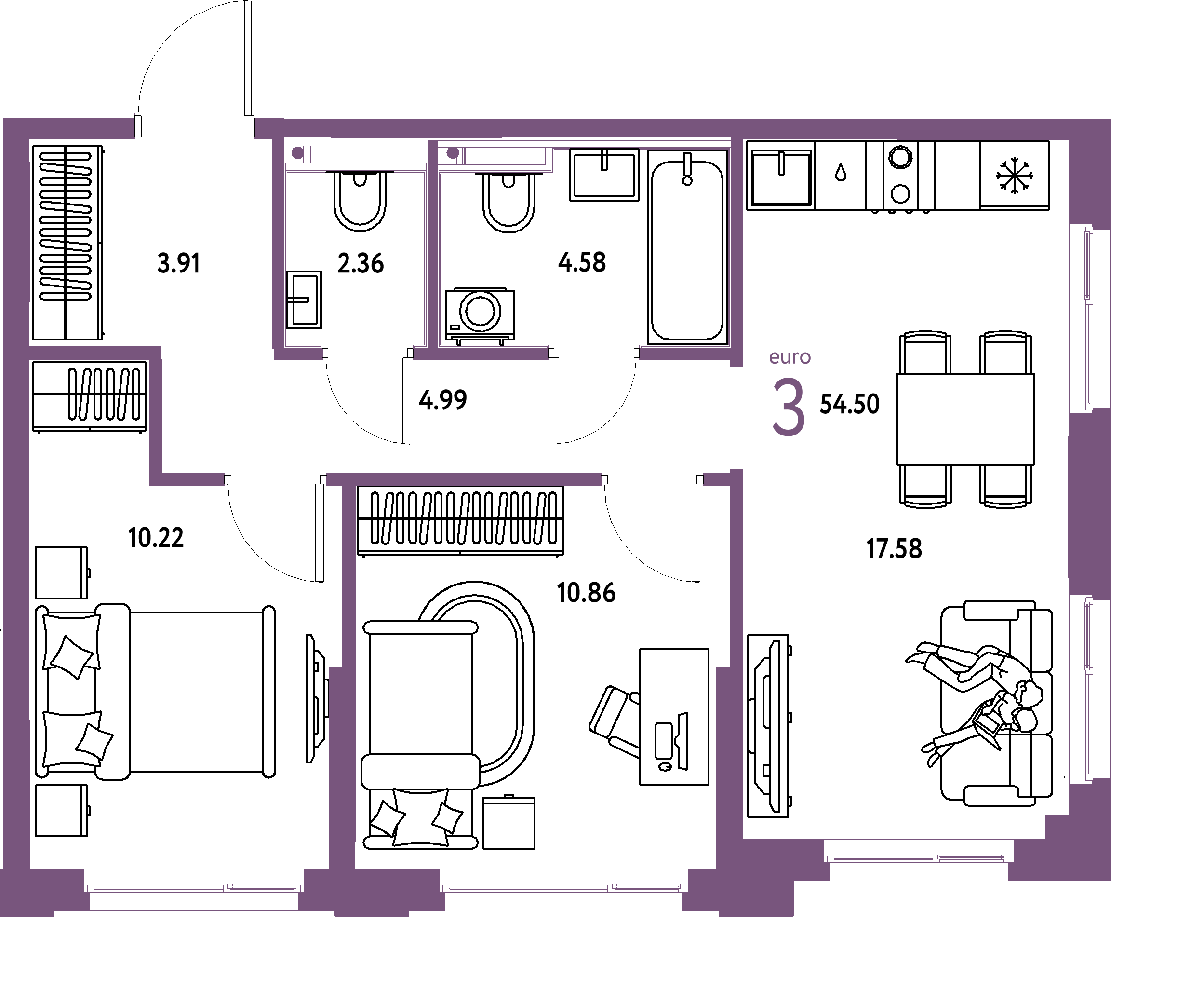 ЖК "Сердце Сибири"-3-комнатная 54.5 м²