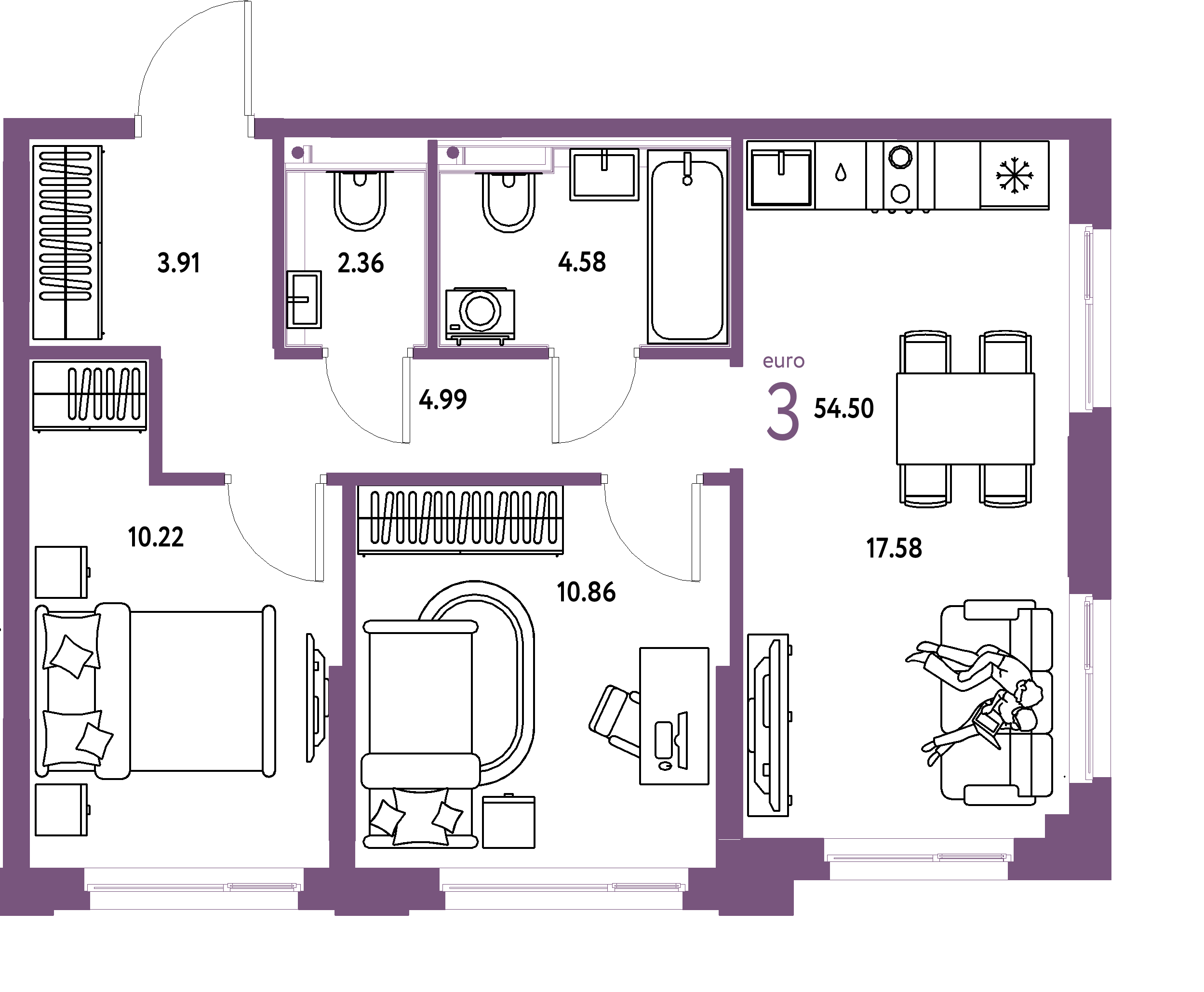 ЖК "Сердце Сибири"-3-комнатная 54.5 м²