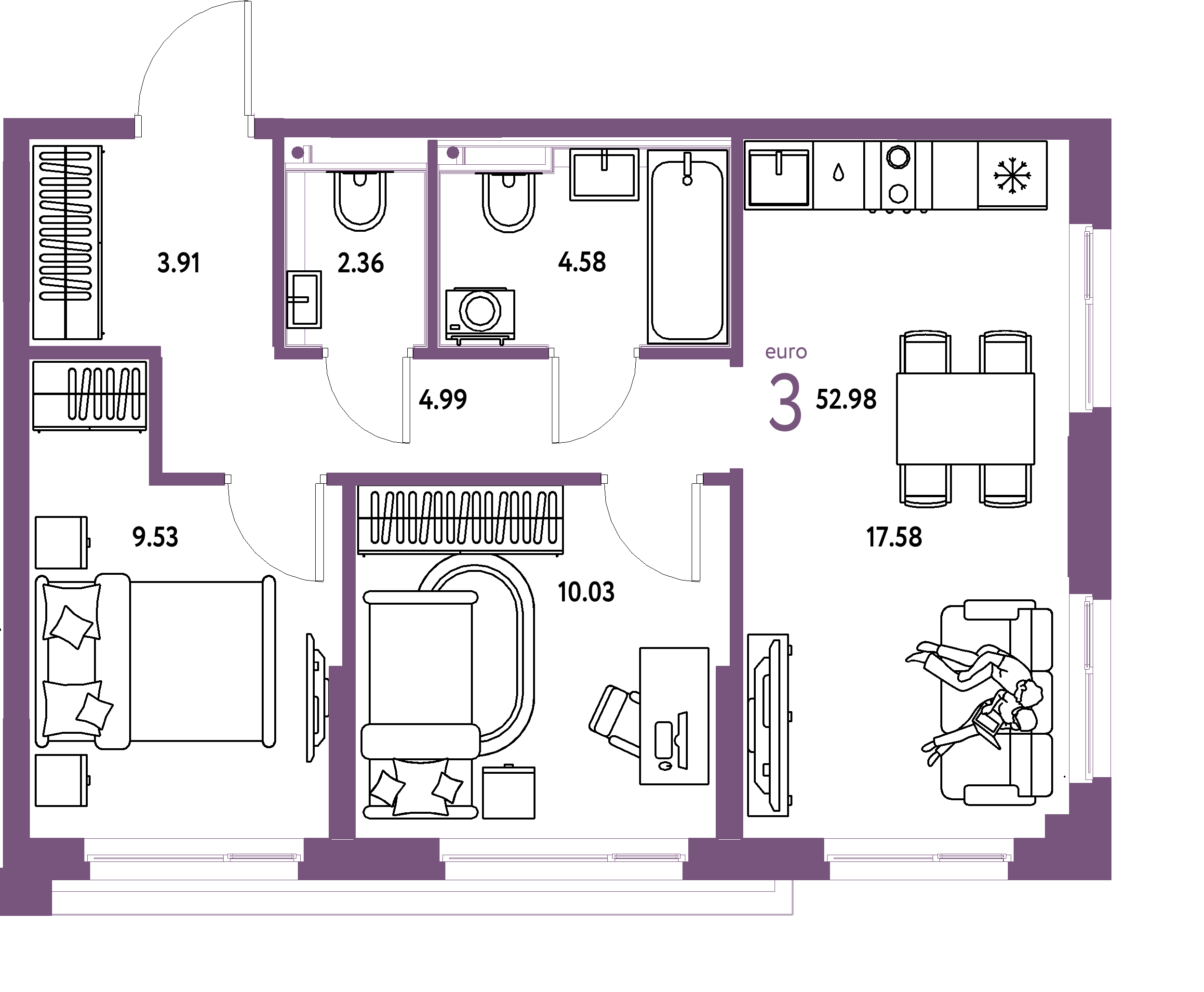 ЖК "Сердце Сибири"-3-комнатная 52.98 м²