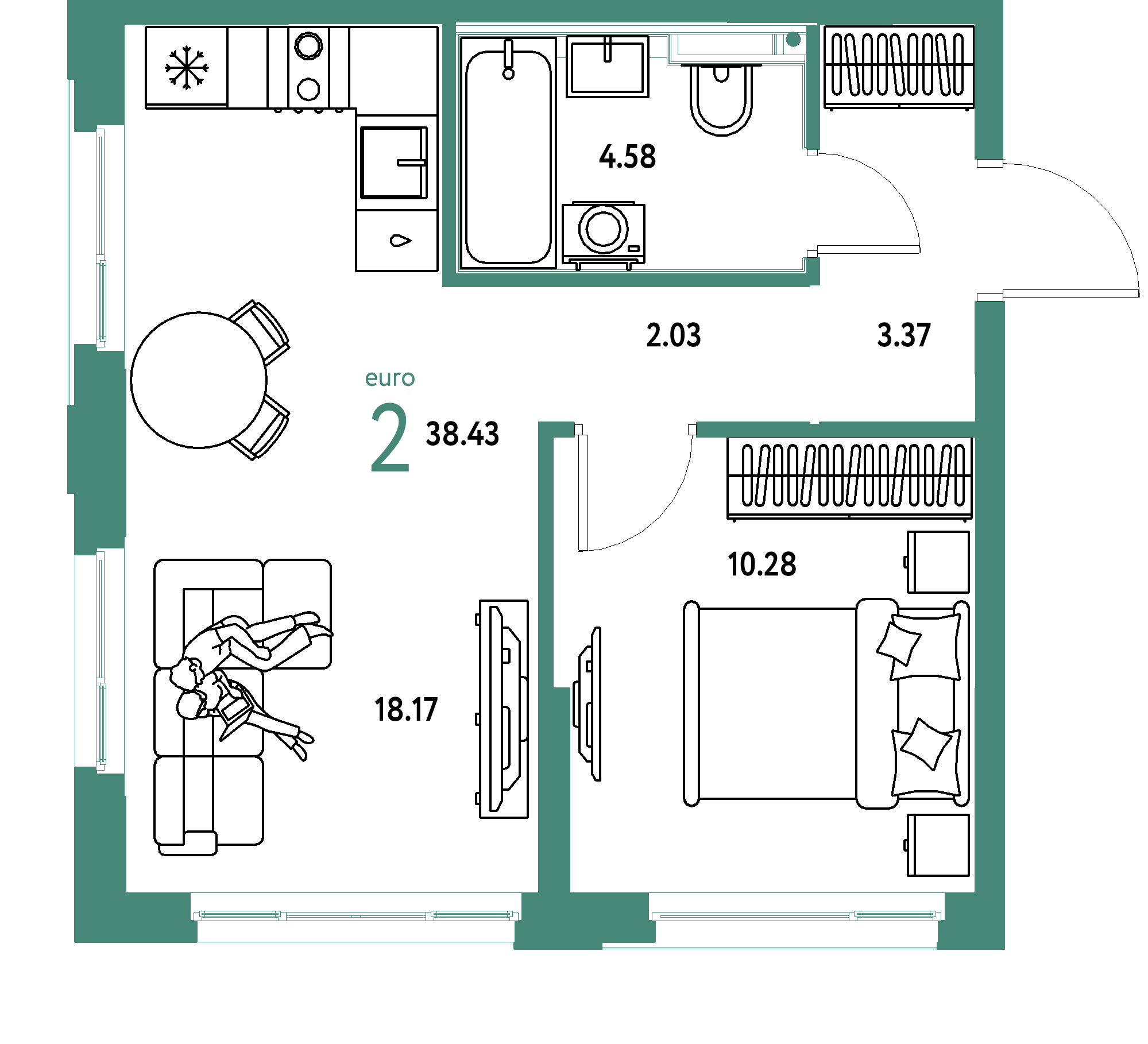 ЖК "Сердце Сибири"-2-комнатная 38.43 м²