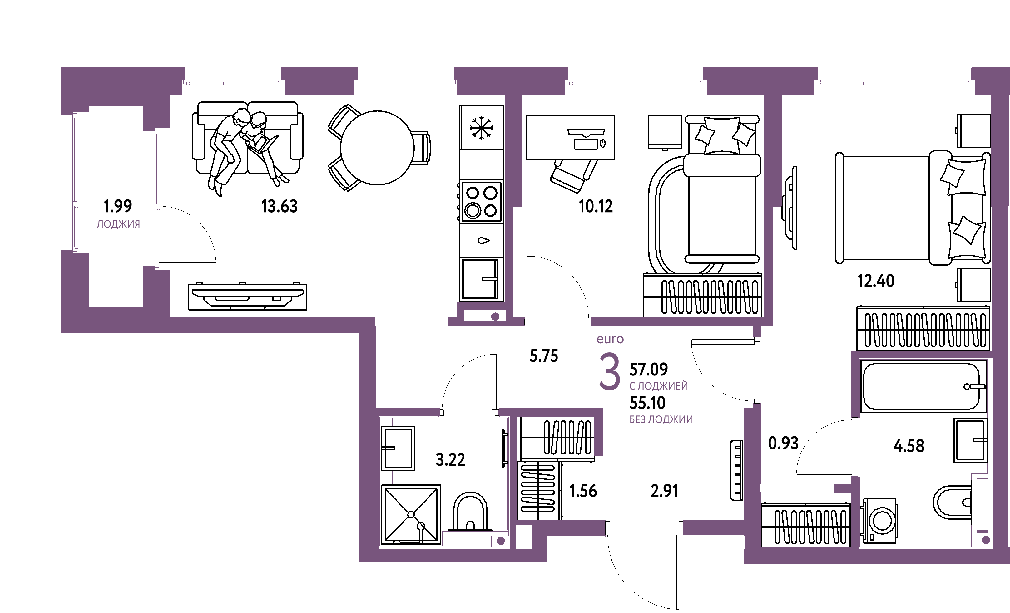 ЖК "Сердце Сибири"-3-комнатная 57.09 м²