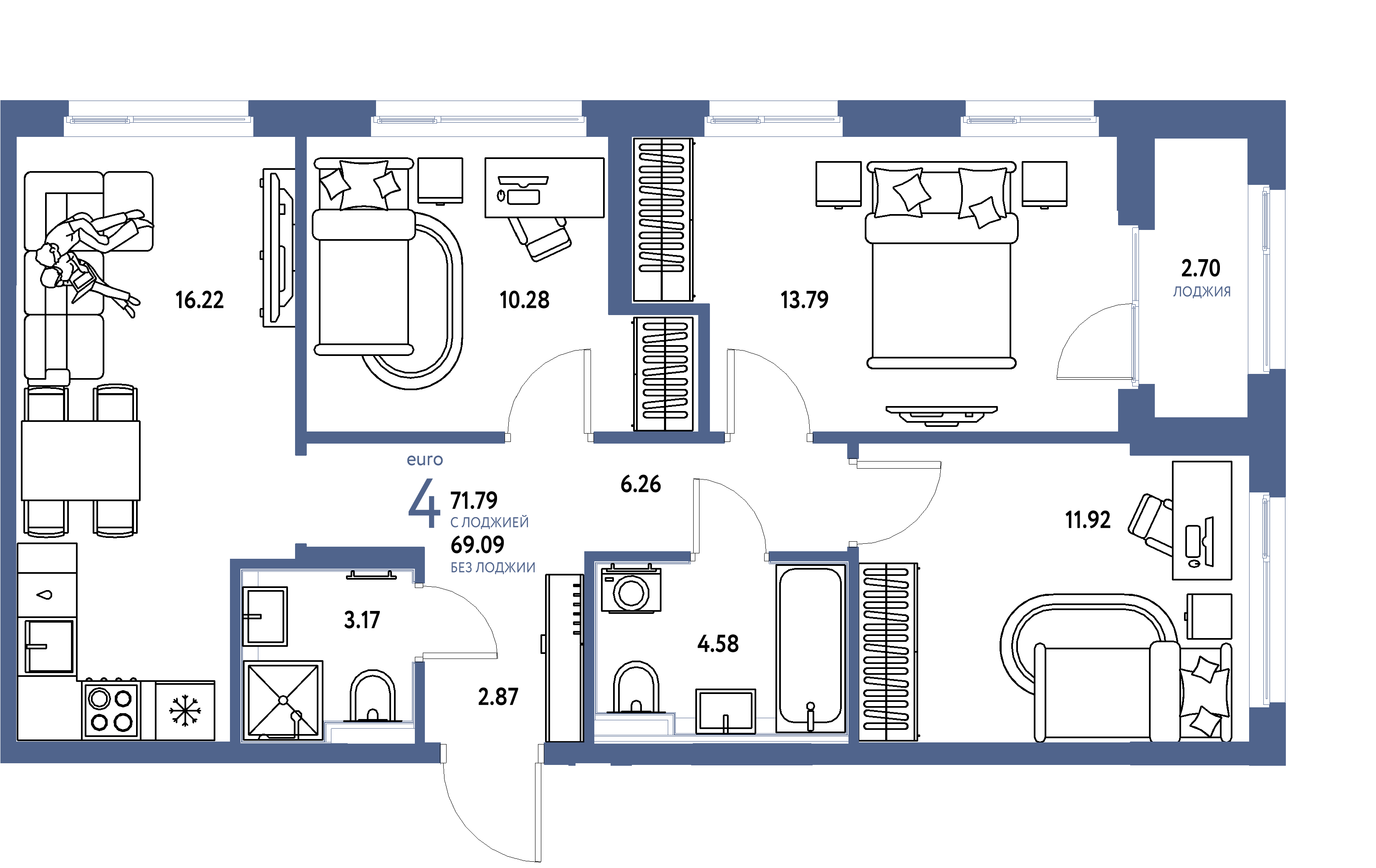 ЖК "Сердце Сибири"-4-комнатная 71.79 м²