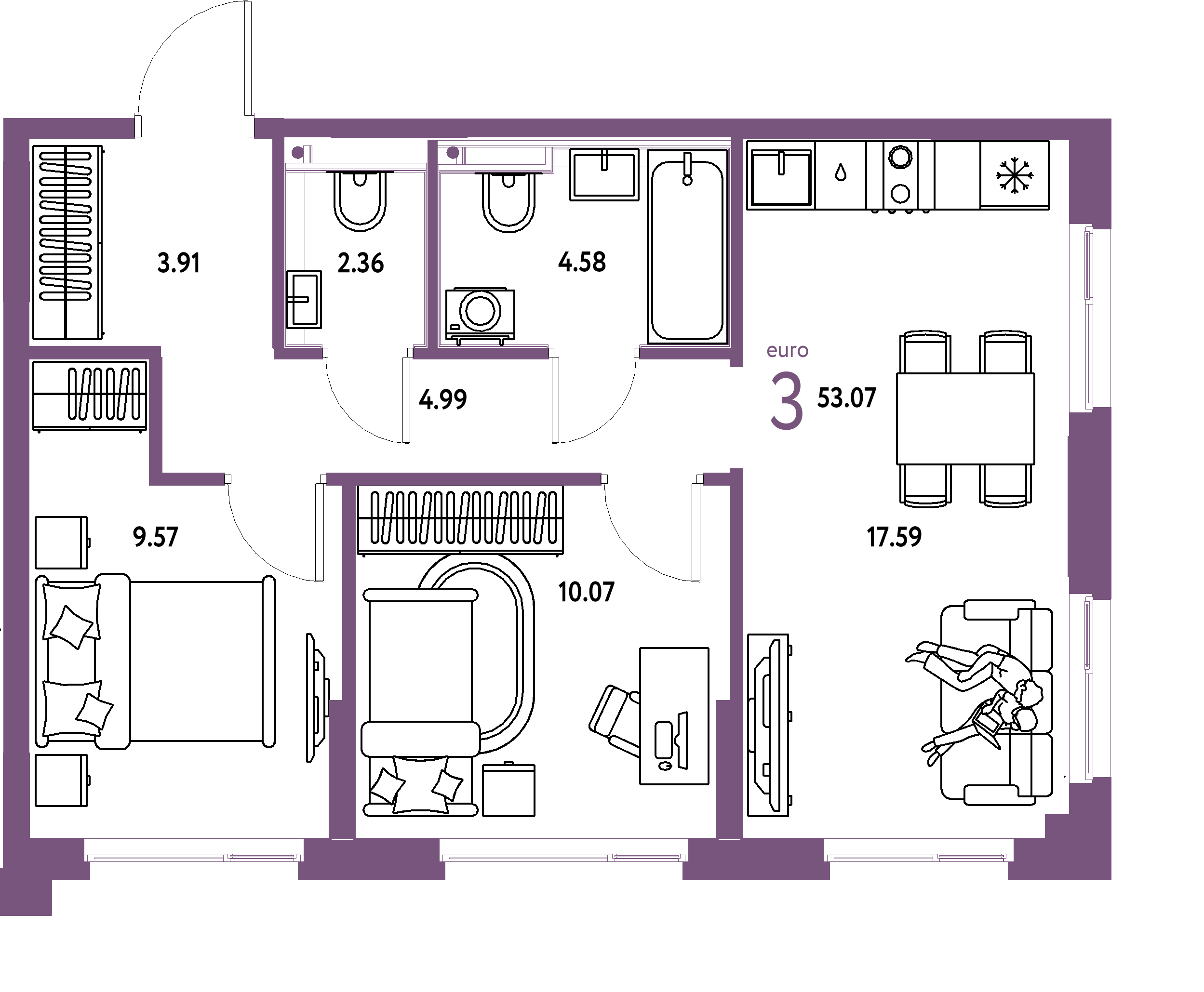 ЖК "Сердце Сибири"-3-комнатная 53.07 м²