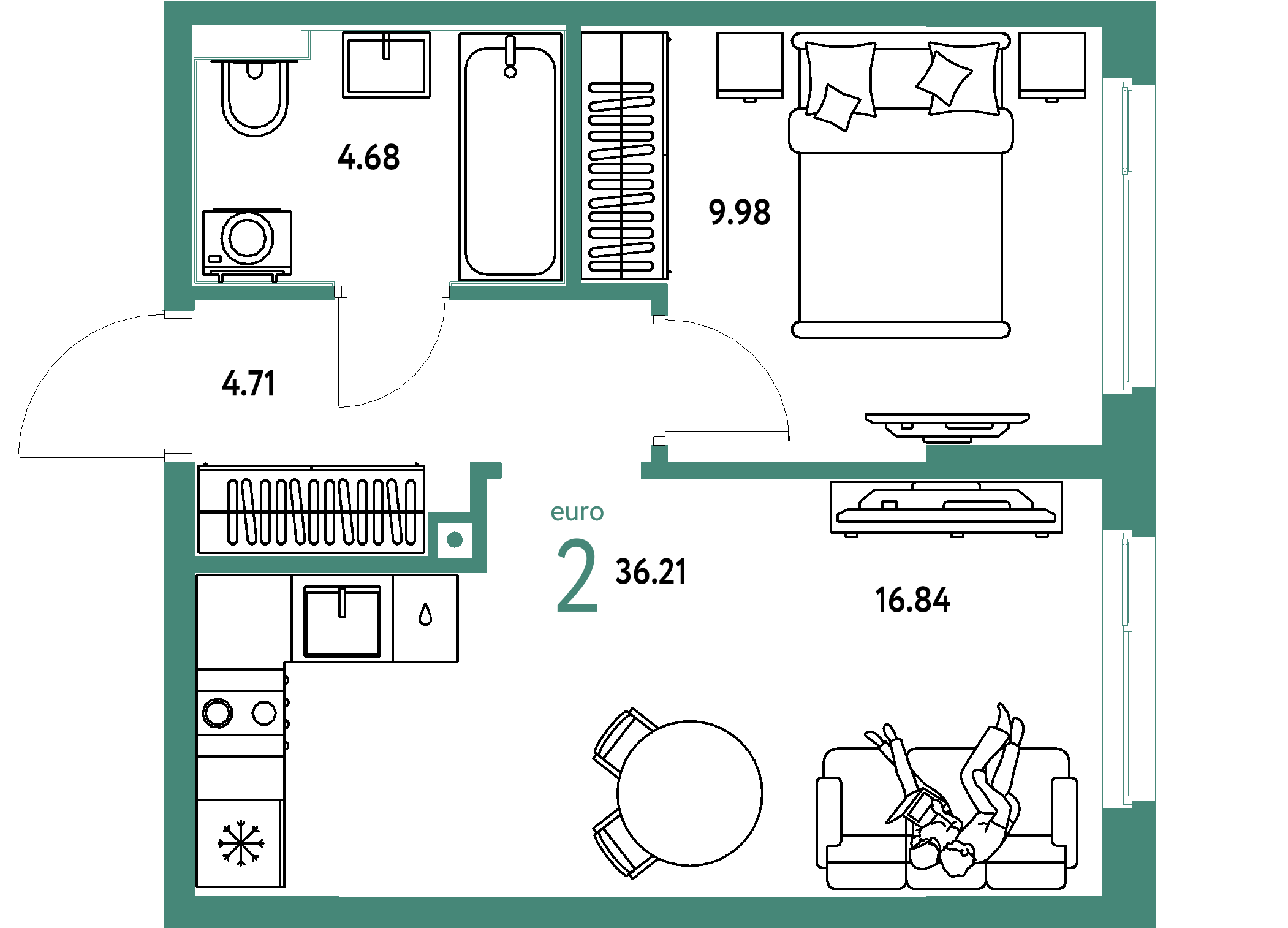 ЖК "Сердце Сибири"-2-комнатная 36.21 м²