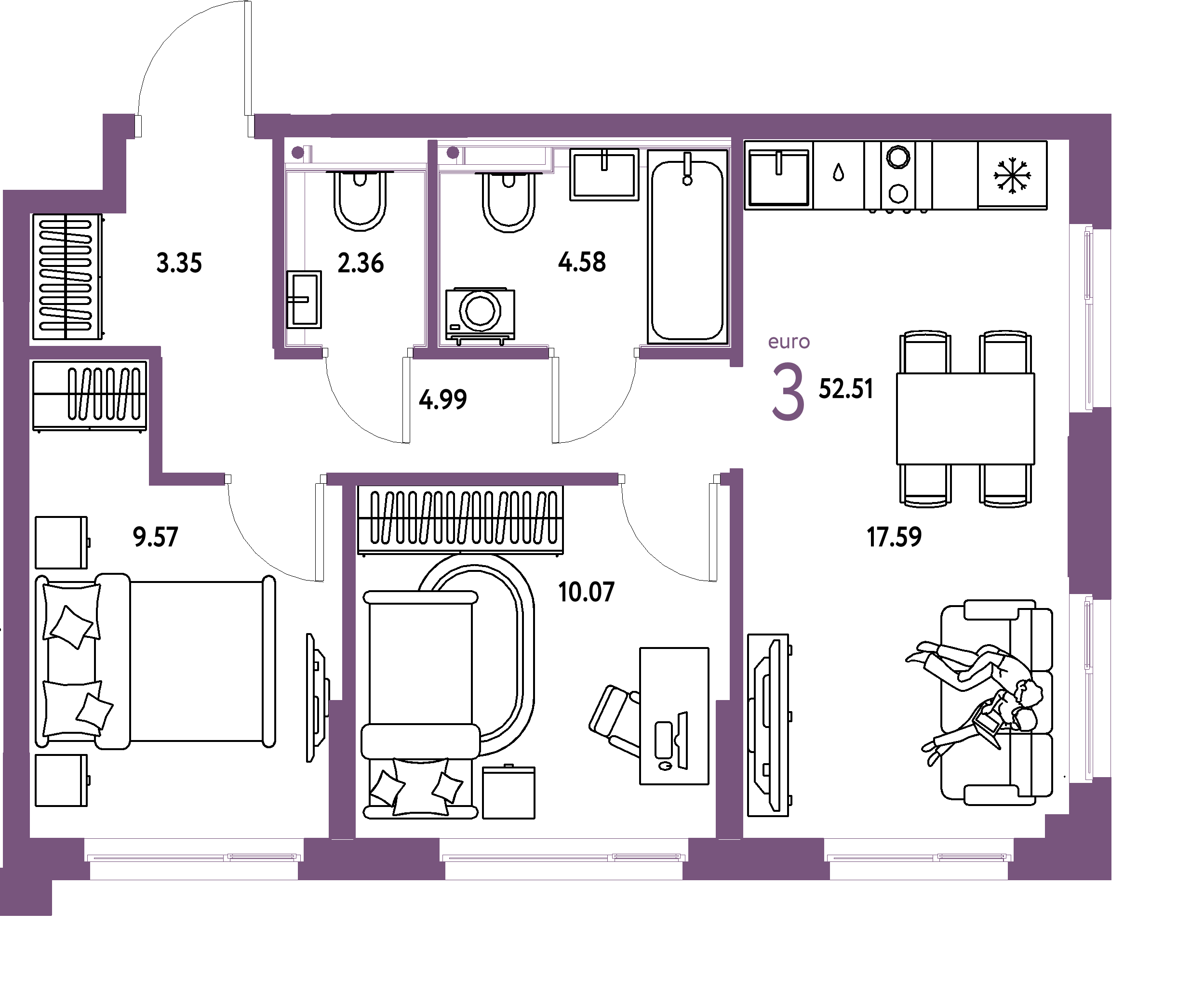 ЖК "Сердце Сибири"-3-комнатная 52.51 м²