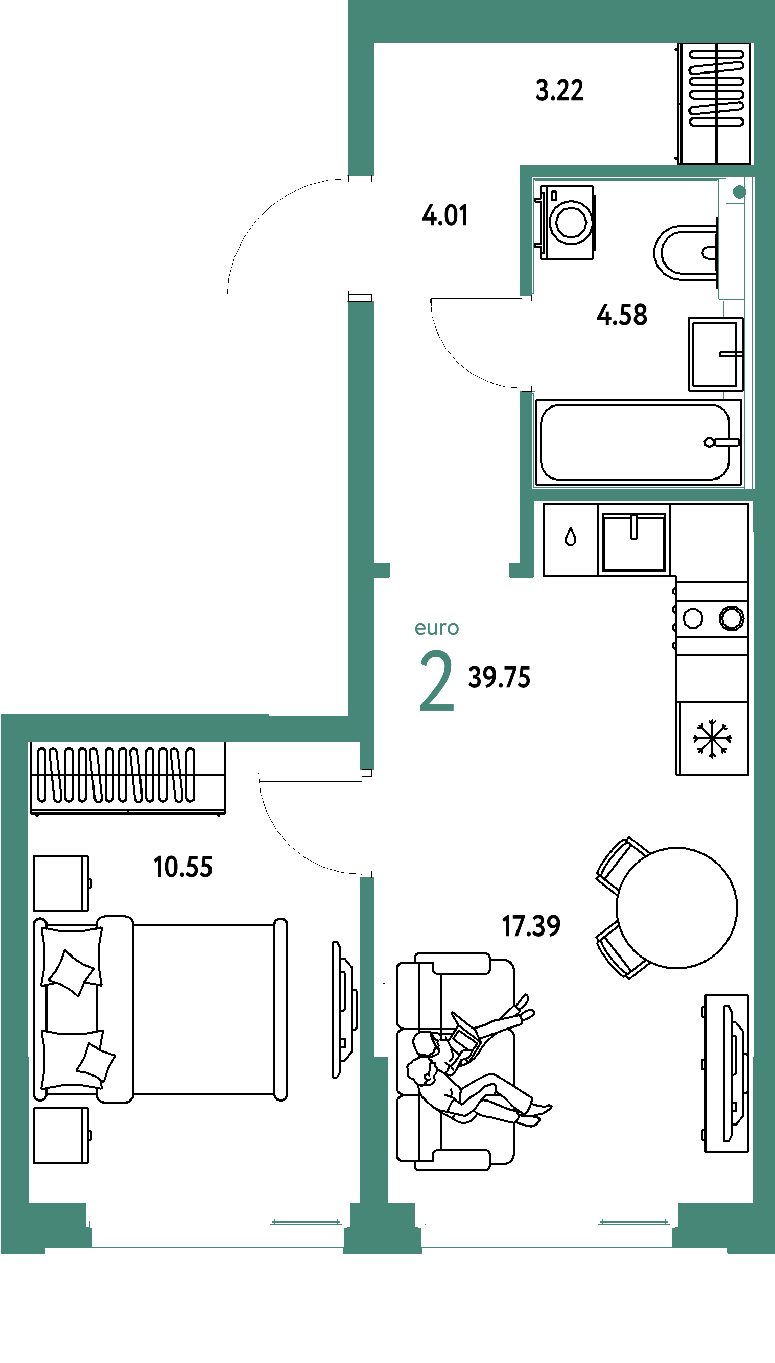 ЖК "Сердце Сибири"-2-комнатная 39.75 м²