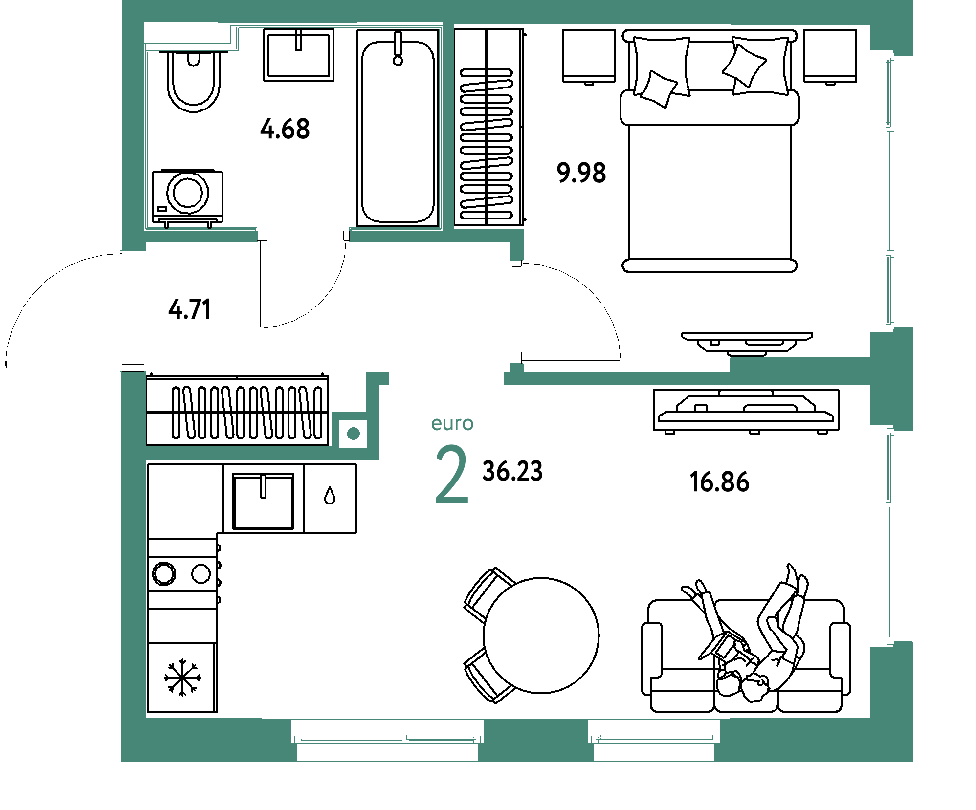 ЖК "Сердце Сибири"-2-комнатная 36.23 м²