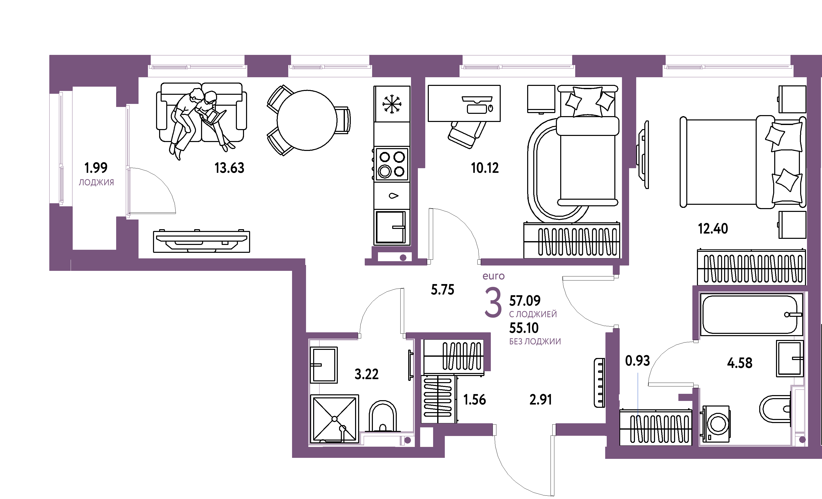 ЖК "Сердце Сибири"-3-комнатная 57.09 м²