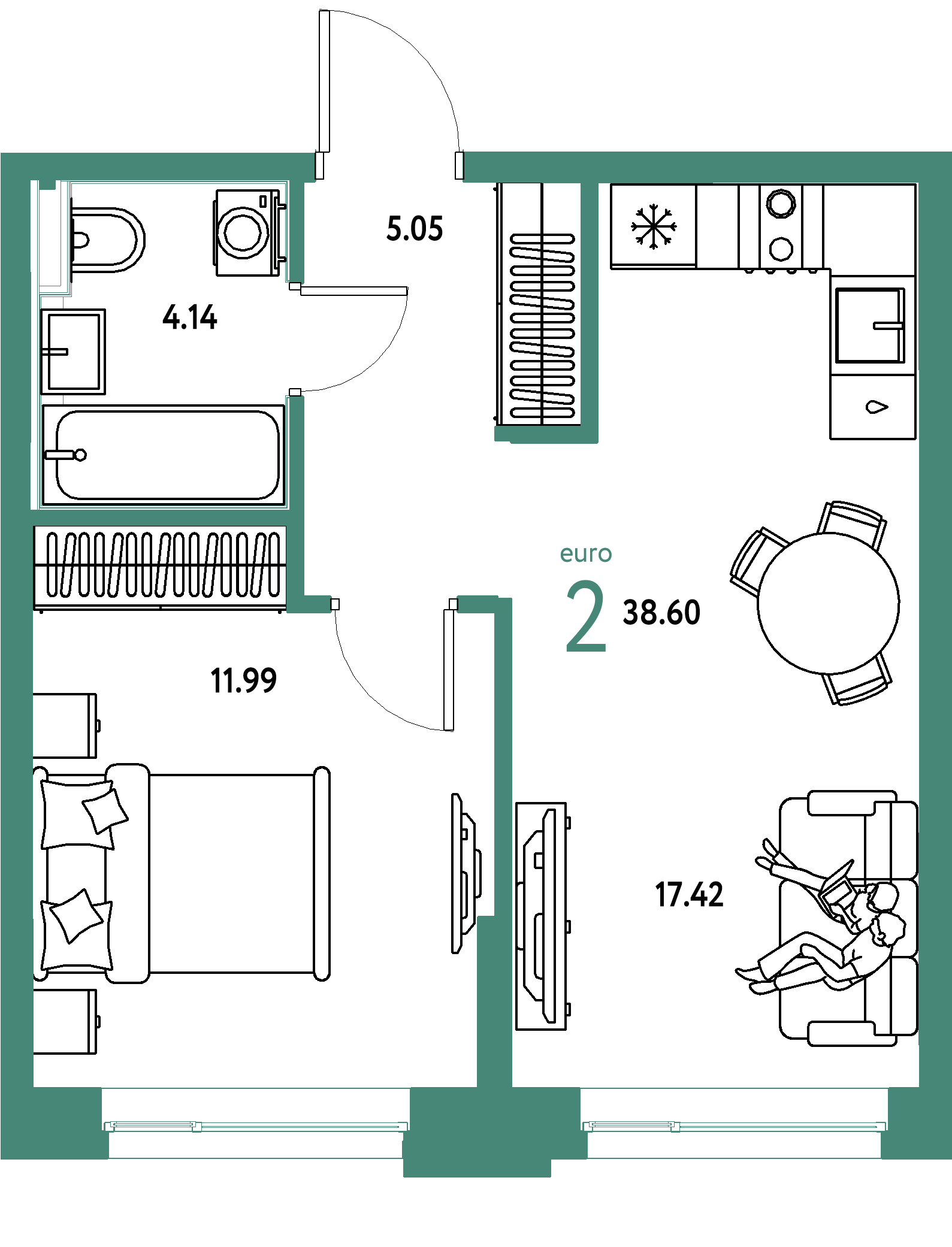 ЖК "Сердце Сибири"-2-комнатная 38.6 м²