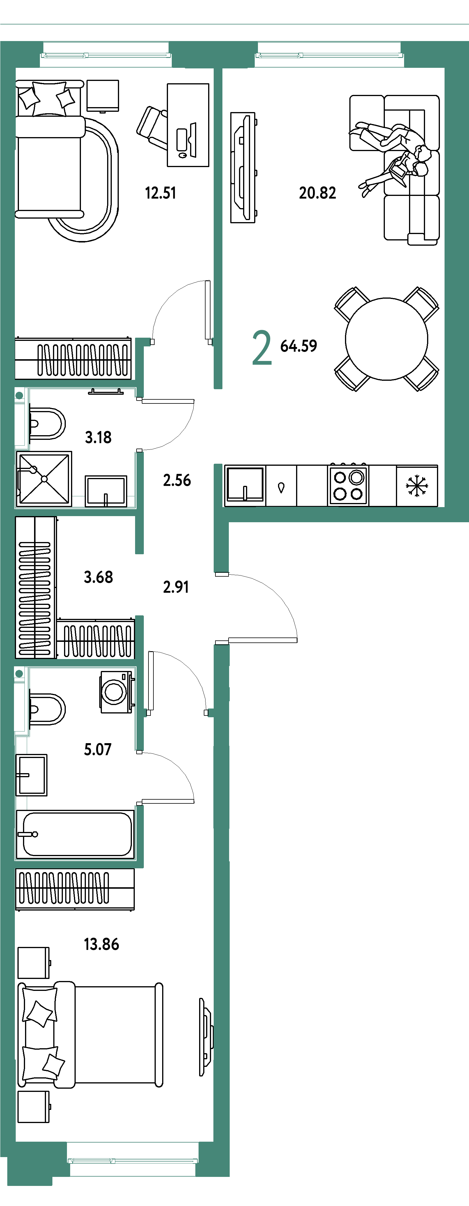 ЖК "Сердце Сибири"-2-комнатная 64.59 м²