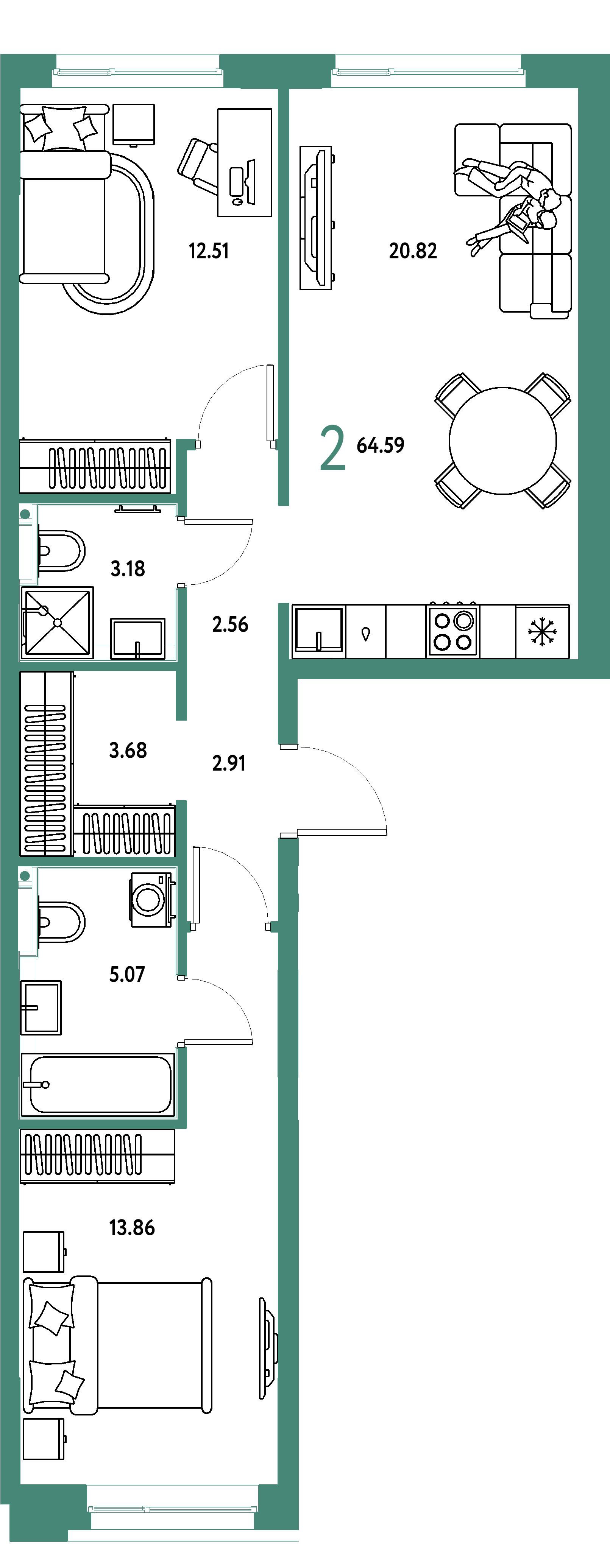 ЖК "Сердце Сибири"-2-комнатная 64.59 м²