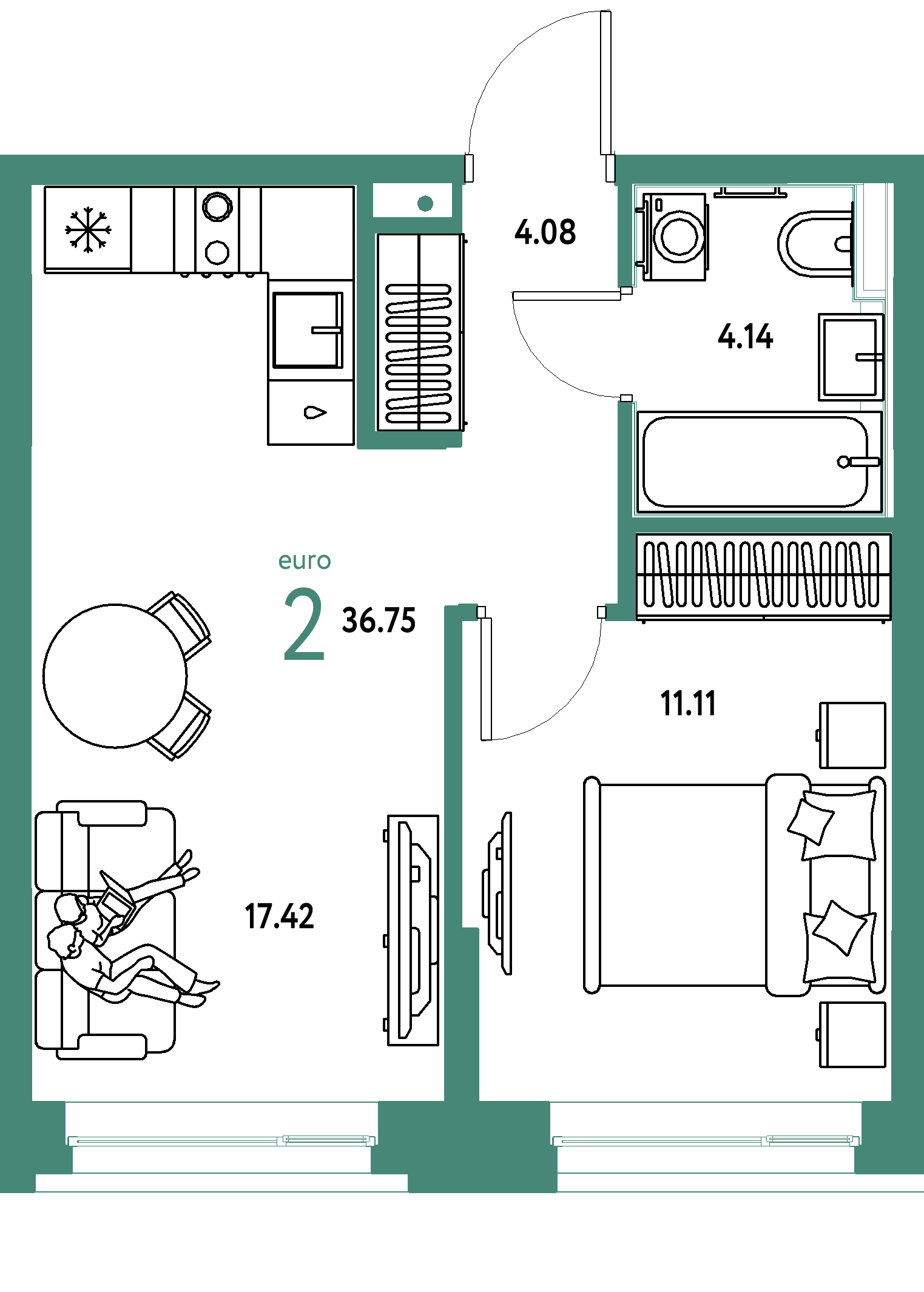 ЖК "Сердце Сибири"-2-комнатная 36.75 м²