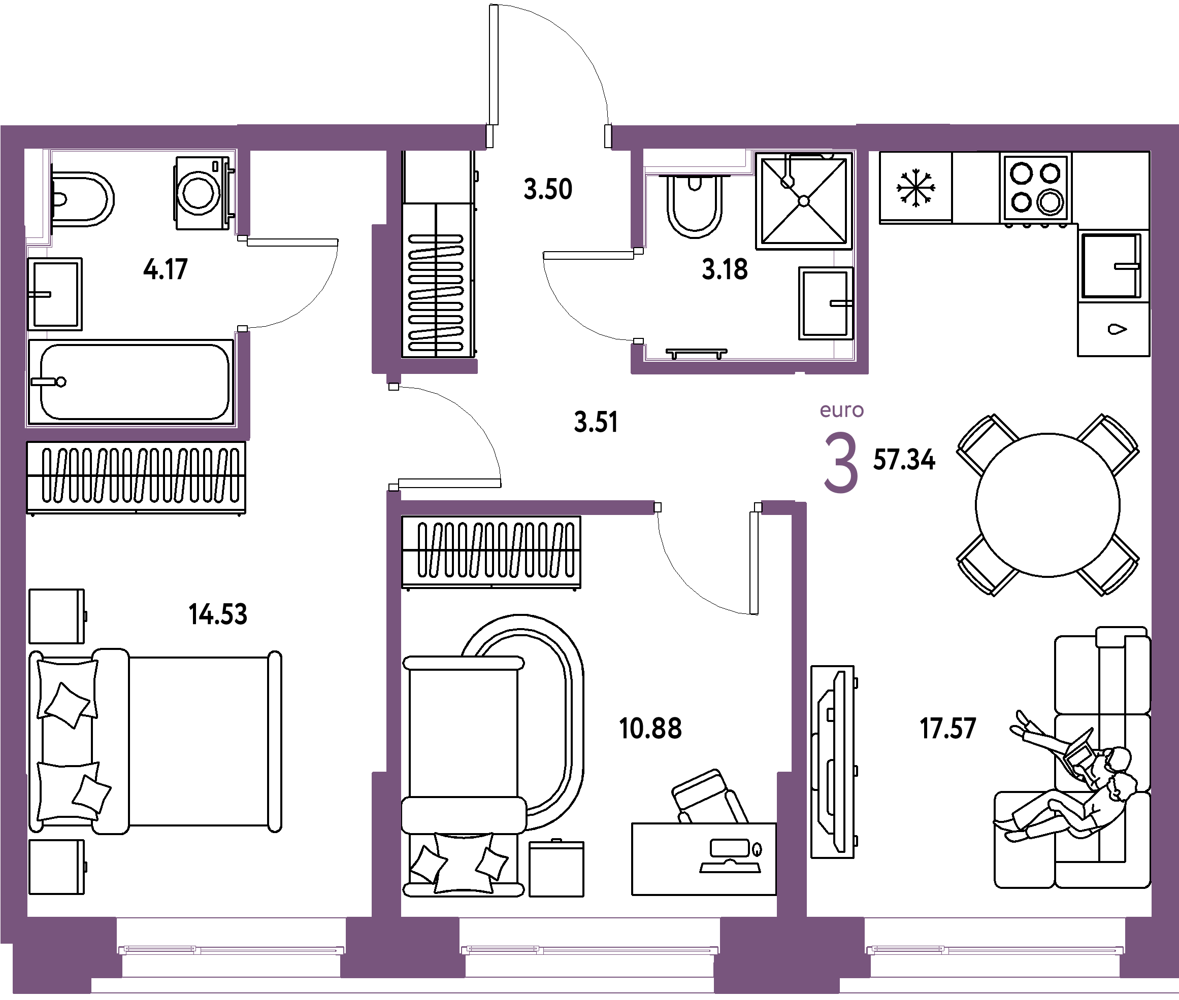 ЖК "Сердце Сибири"-3-комнатная 57.34 м²