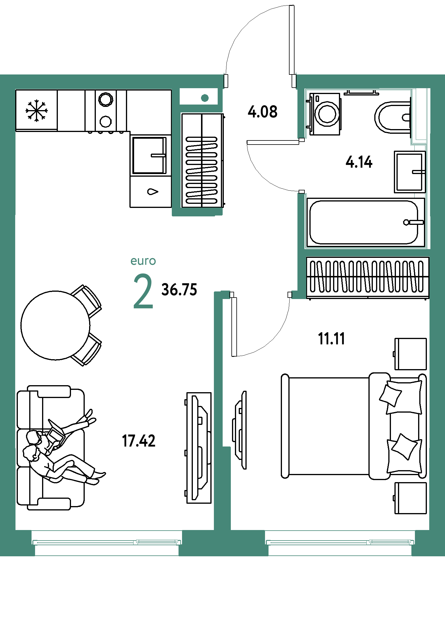 ЖК "Сердце Сибири"-2-комнатная 36.75 м²