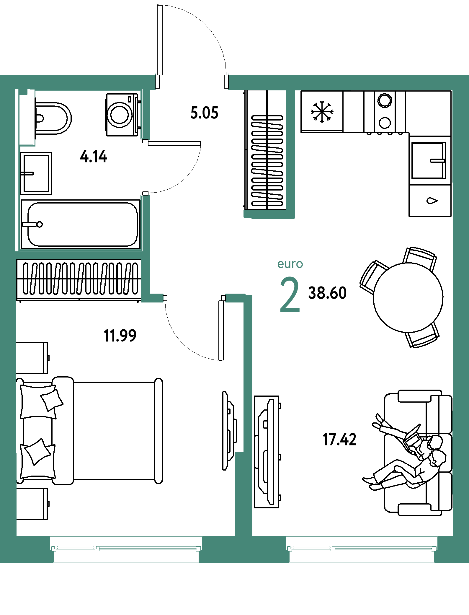 ЖК "Сердце Сибири"-2-комнатная 38.6 м²