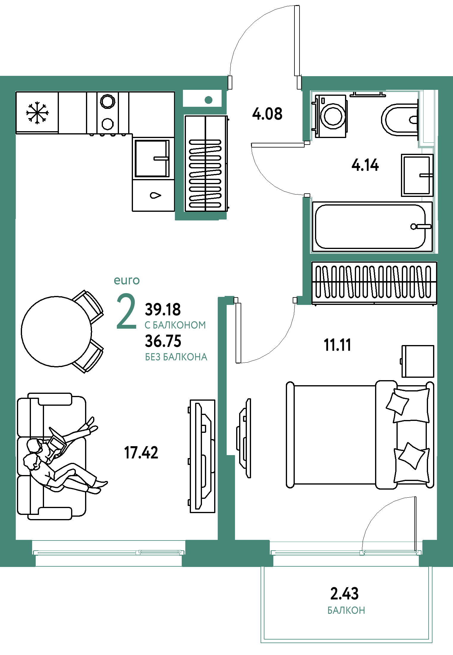 ЖК "Сердце Сибири"-2-комнатная 39.18 м²
