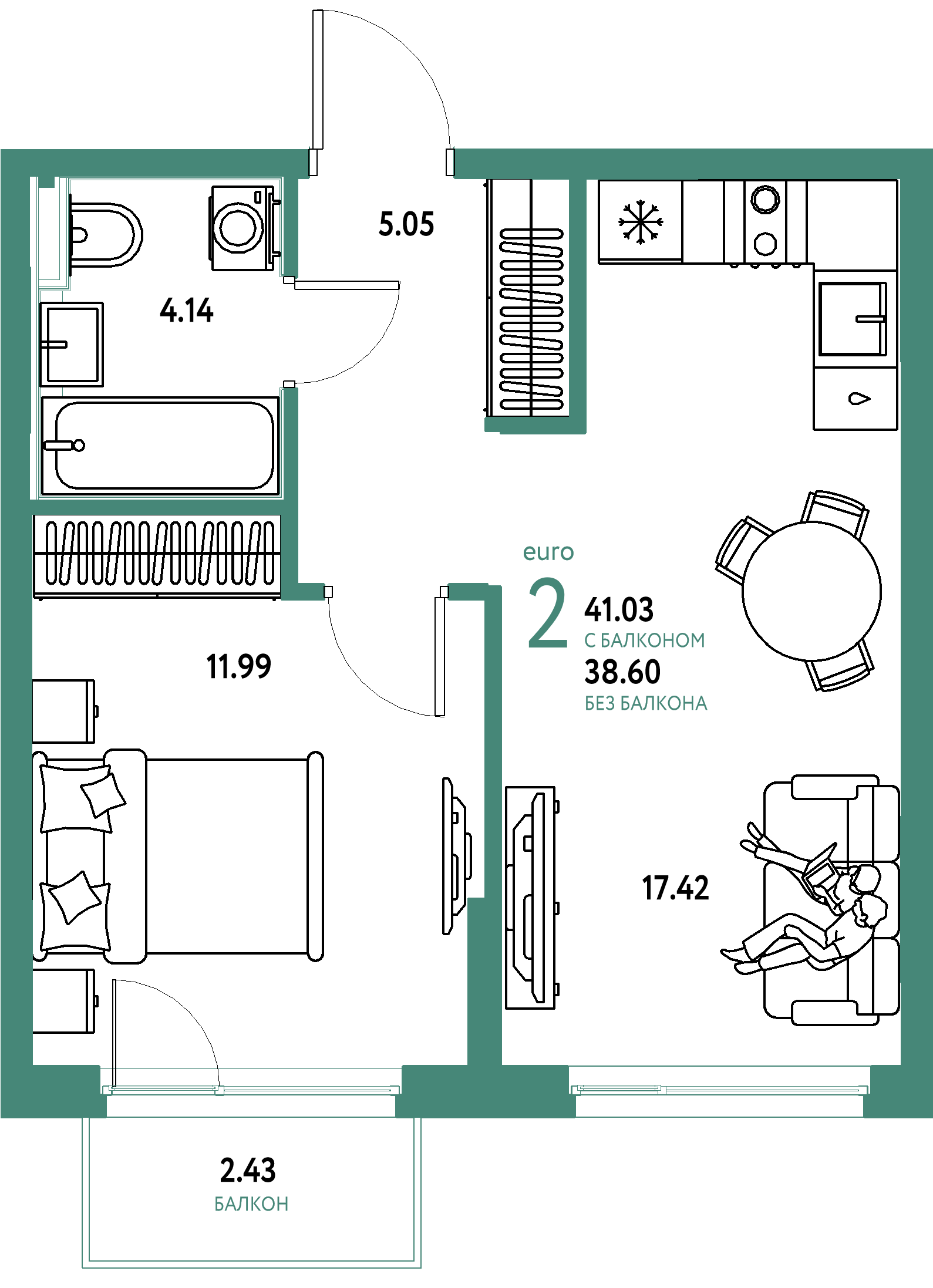 ЖК "Сердце Сибири"-2-комнатная 41.03 м²