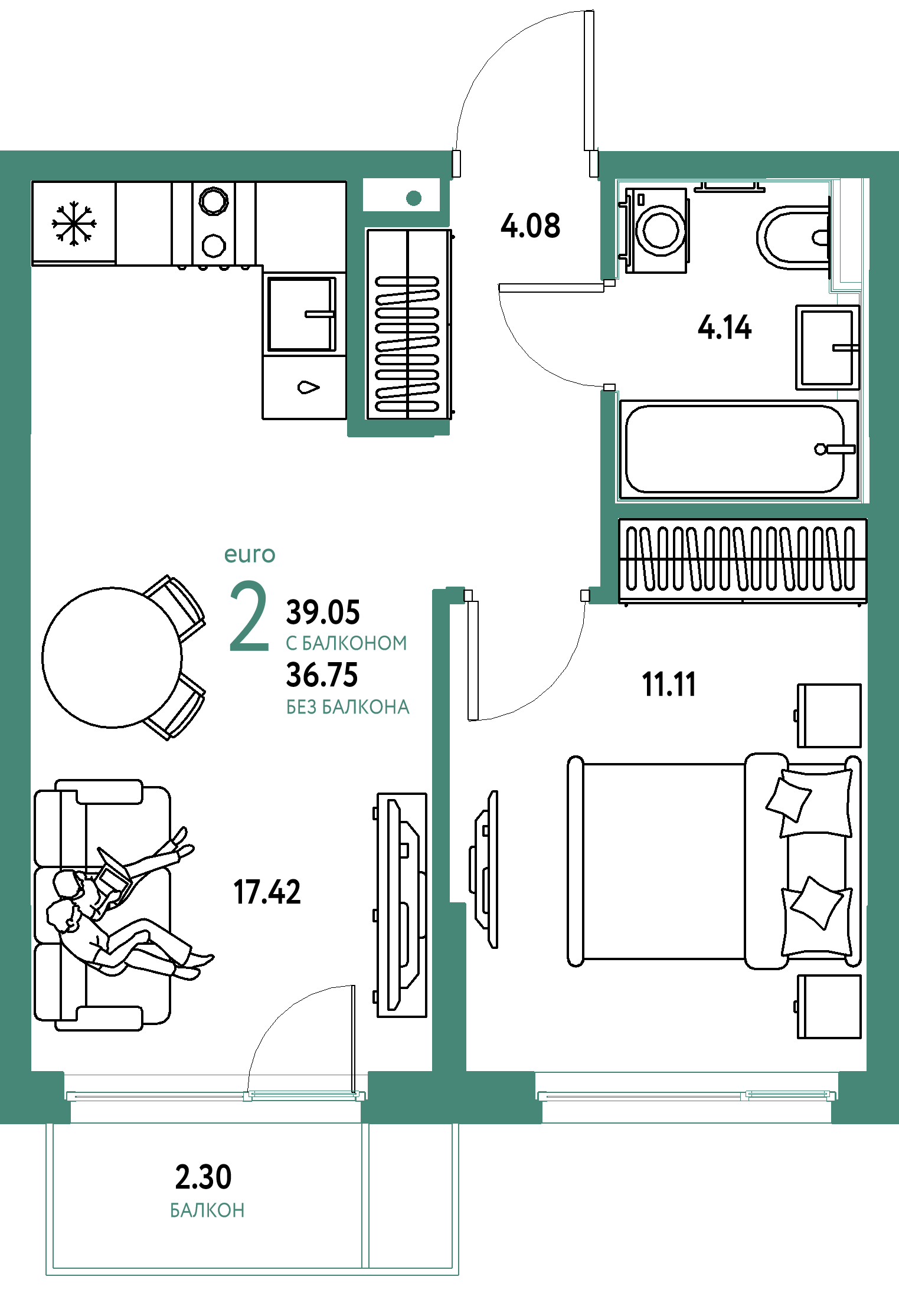 ЖК "Сердце Сибири"-2-комнатная 39.05 м²