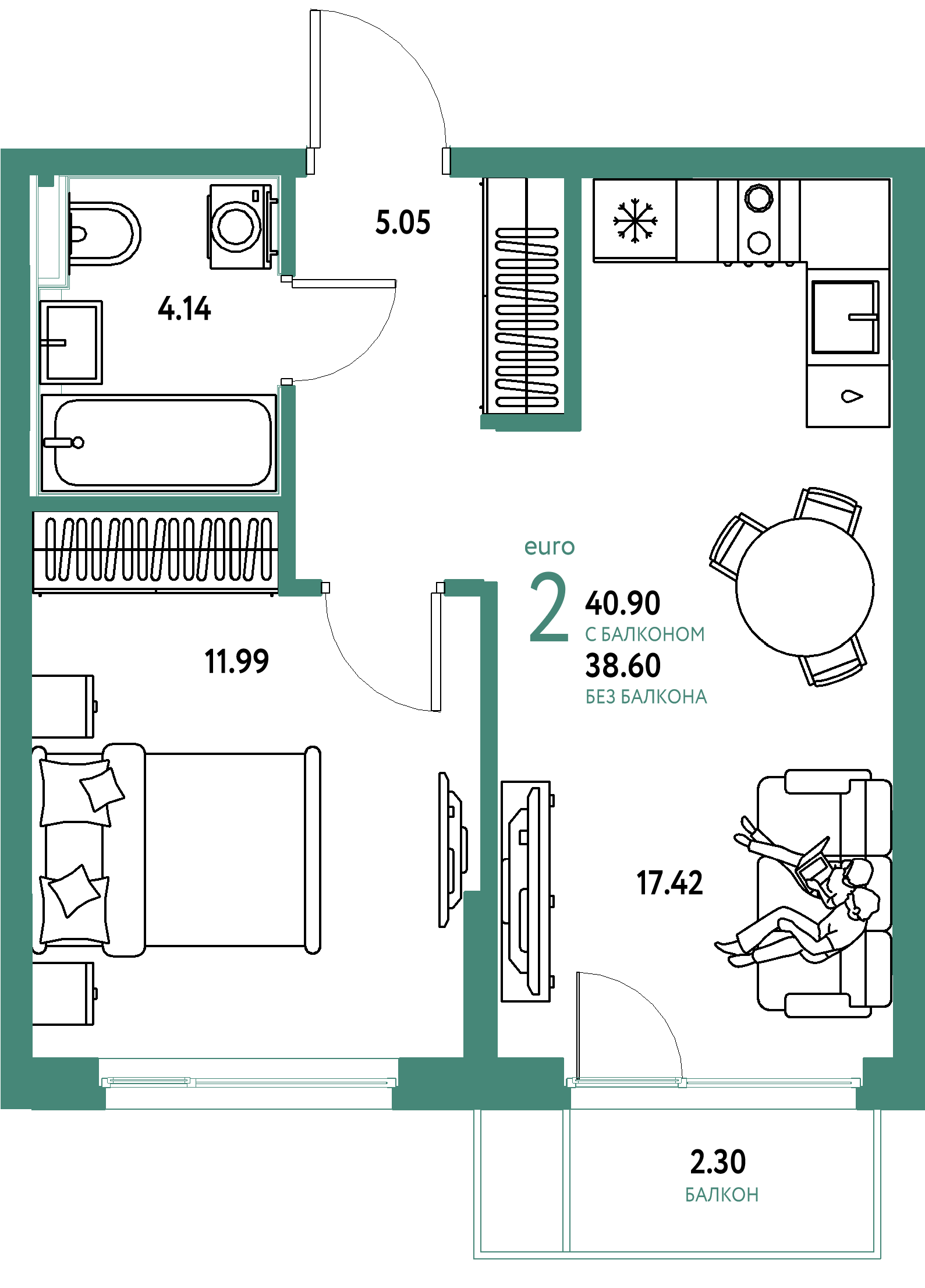 ЖК "Сердце Сибири"-2-комнатная 40.9 м²