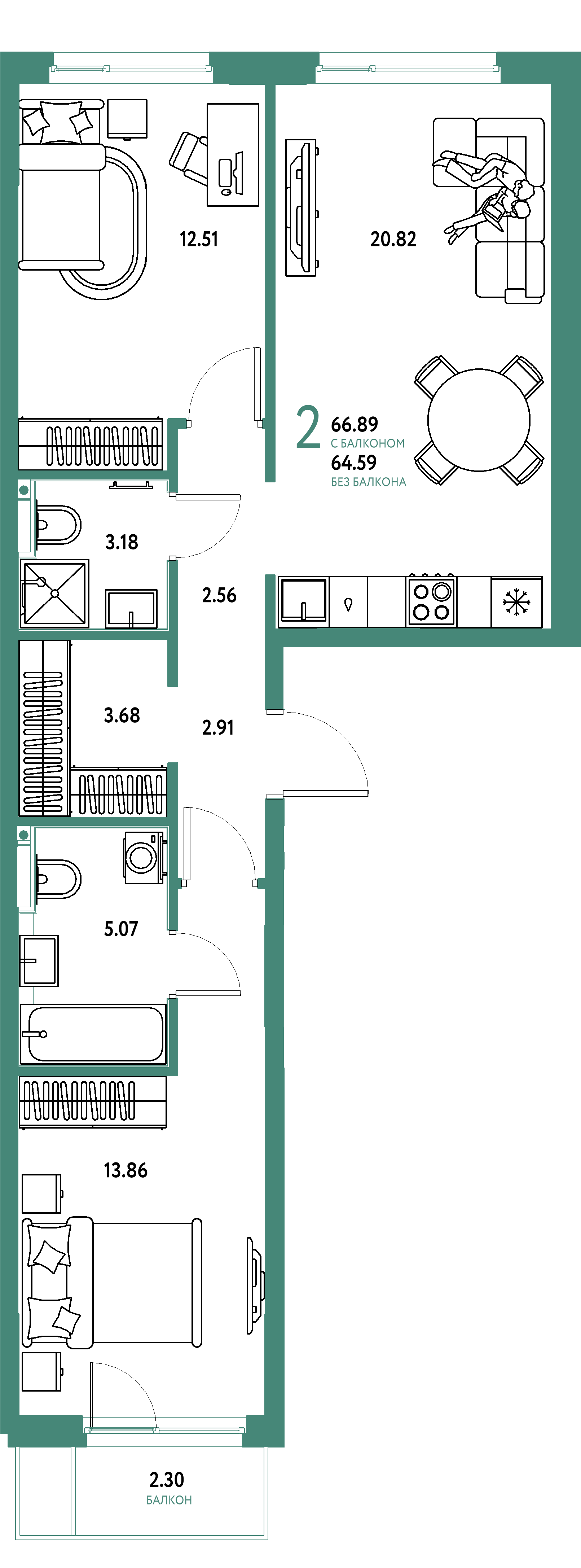 ЖК "Сердце Сибири"-2-комнатная 66.89 м²