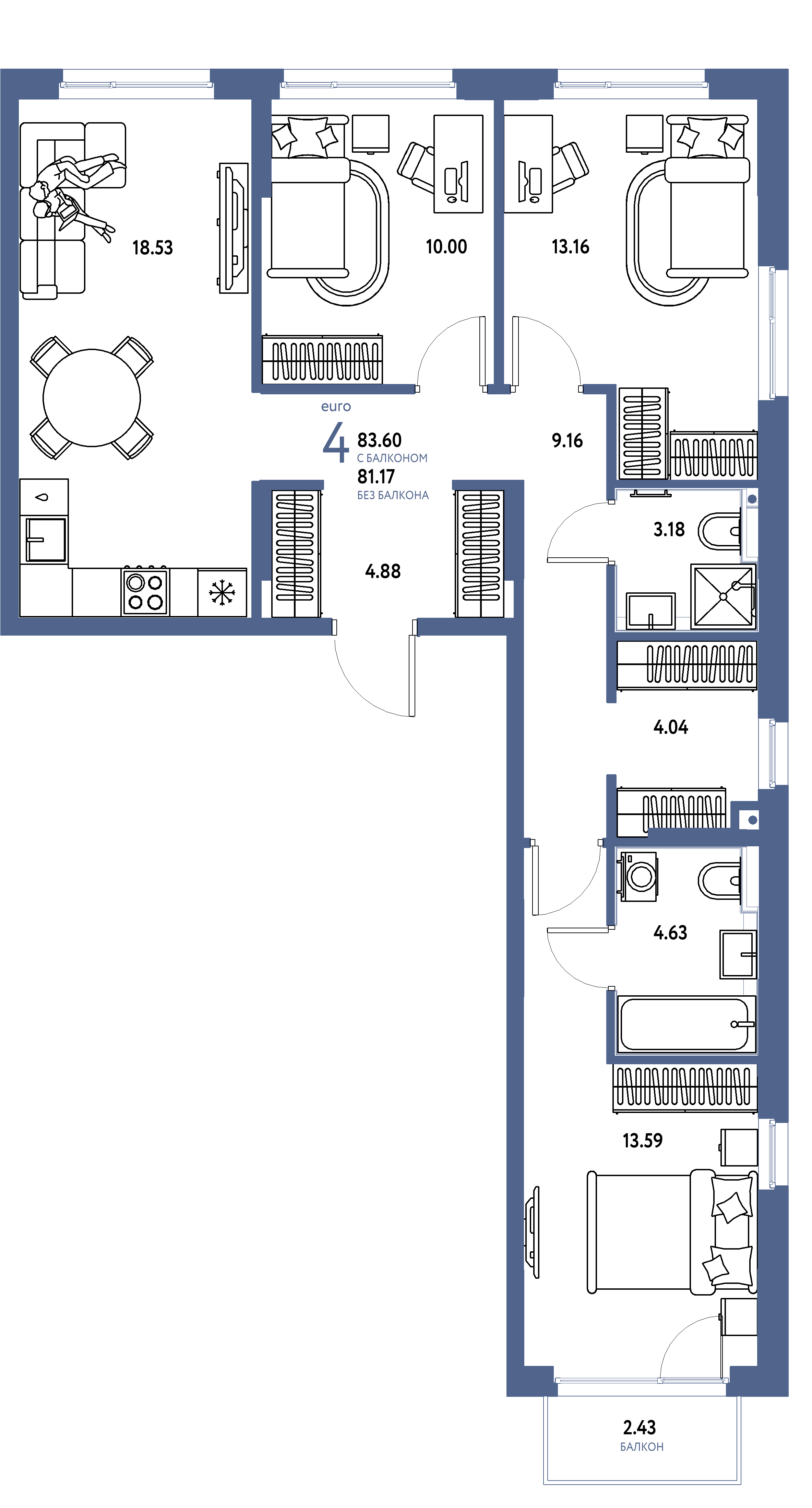 ЖК "Сердце Сибири"-4-комнатная 83.6 м²