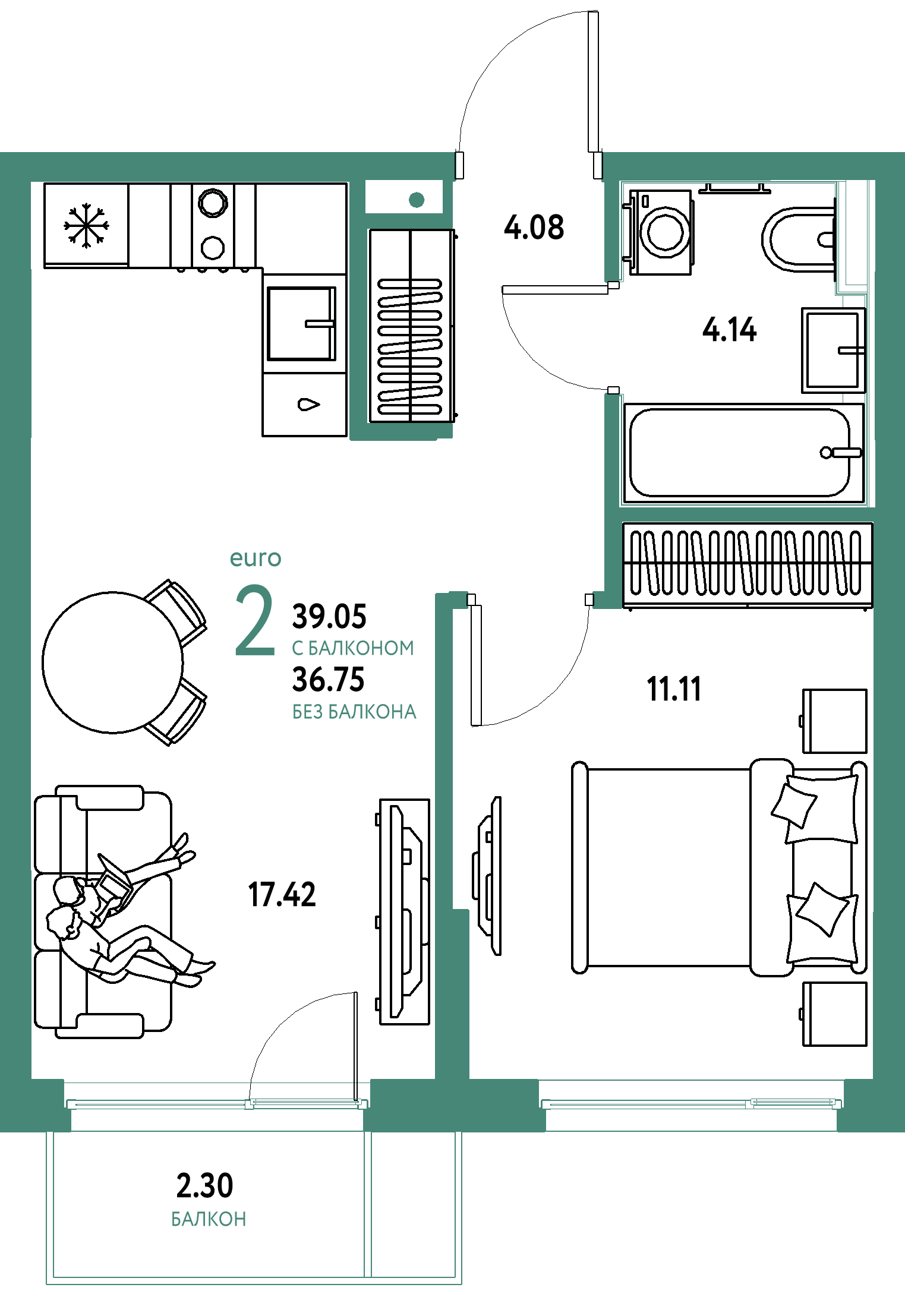 ЖК "Сердце Сибири"-2-комнатная 39.05 м²