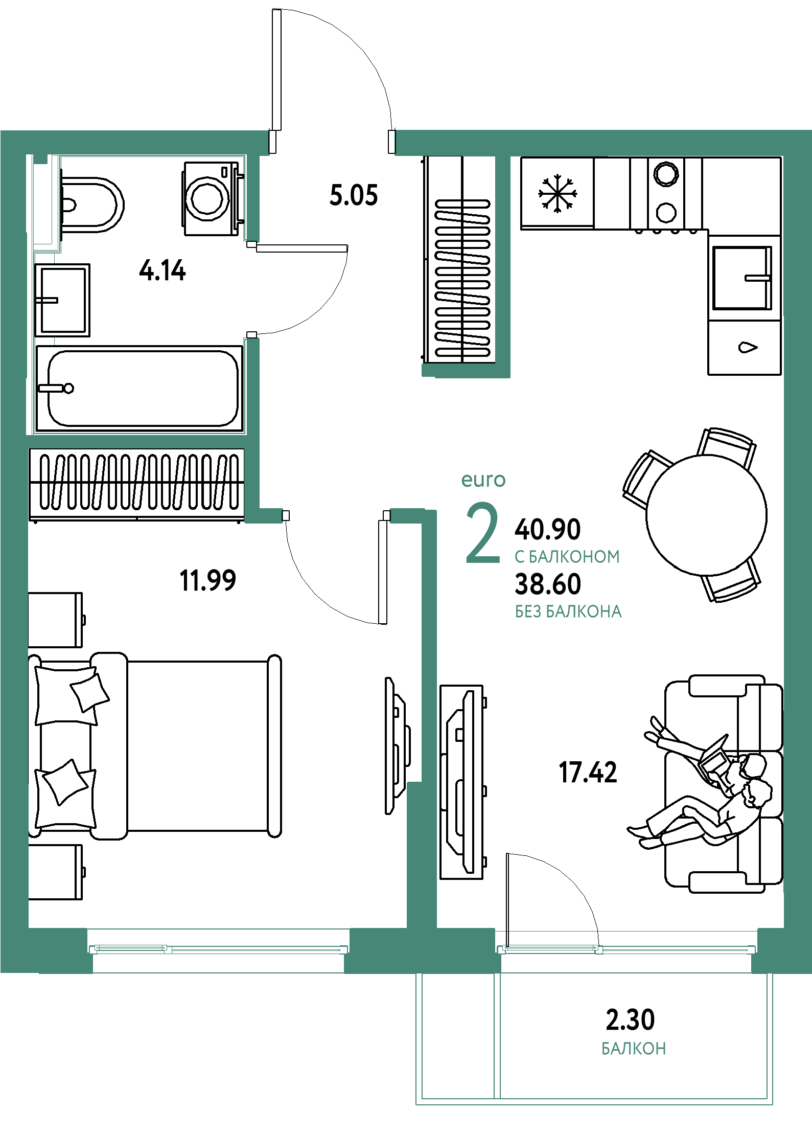 ЖК "Сердце Сибири"-2-комнатная 40.9 м²