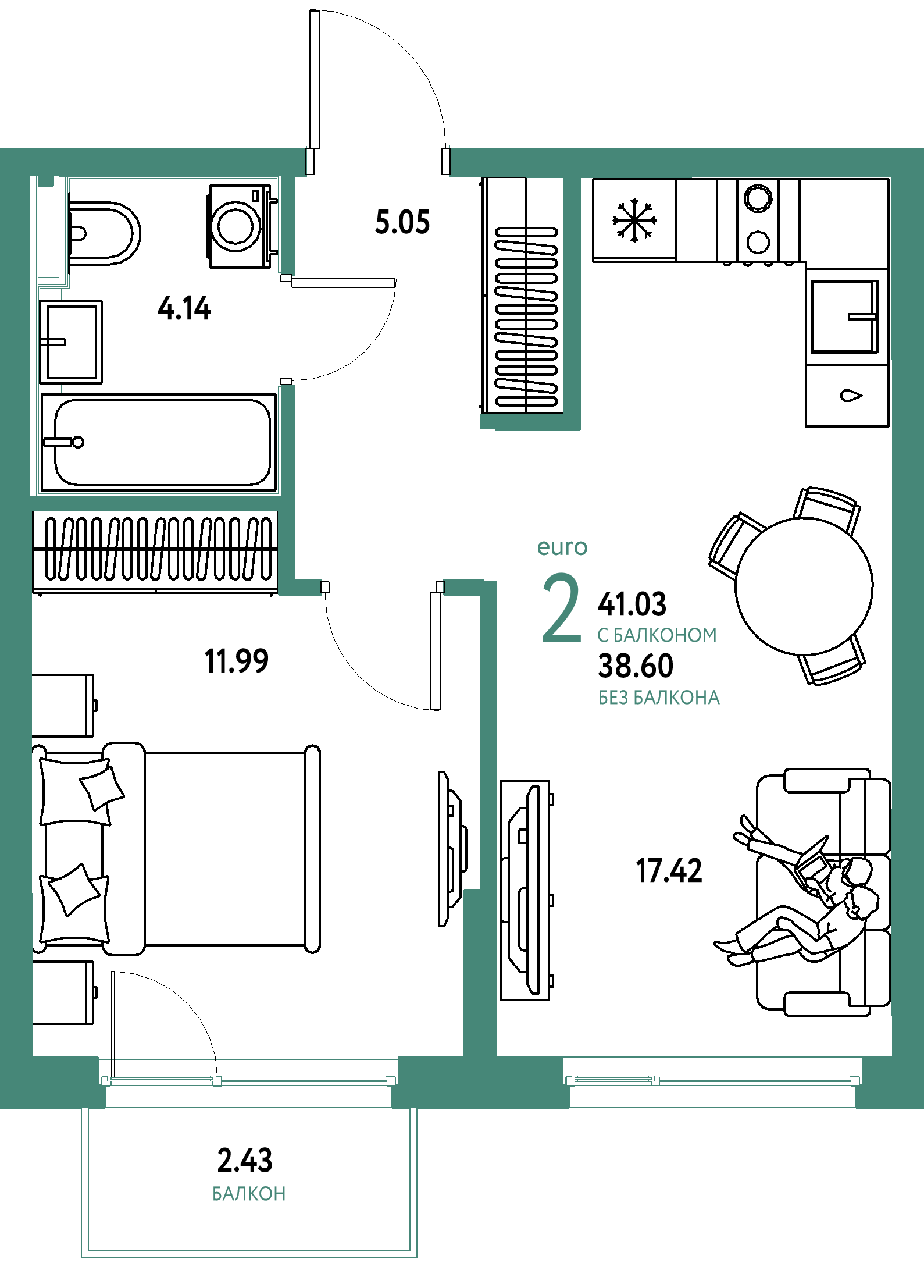 ЖК "Сердце Сибири"-2-комнатная 41.03 м²