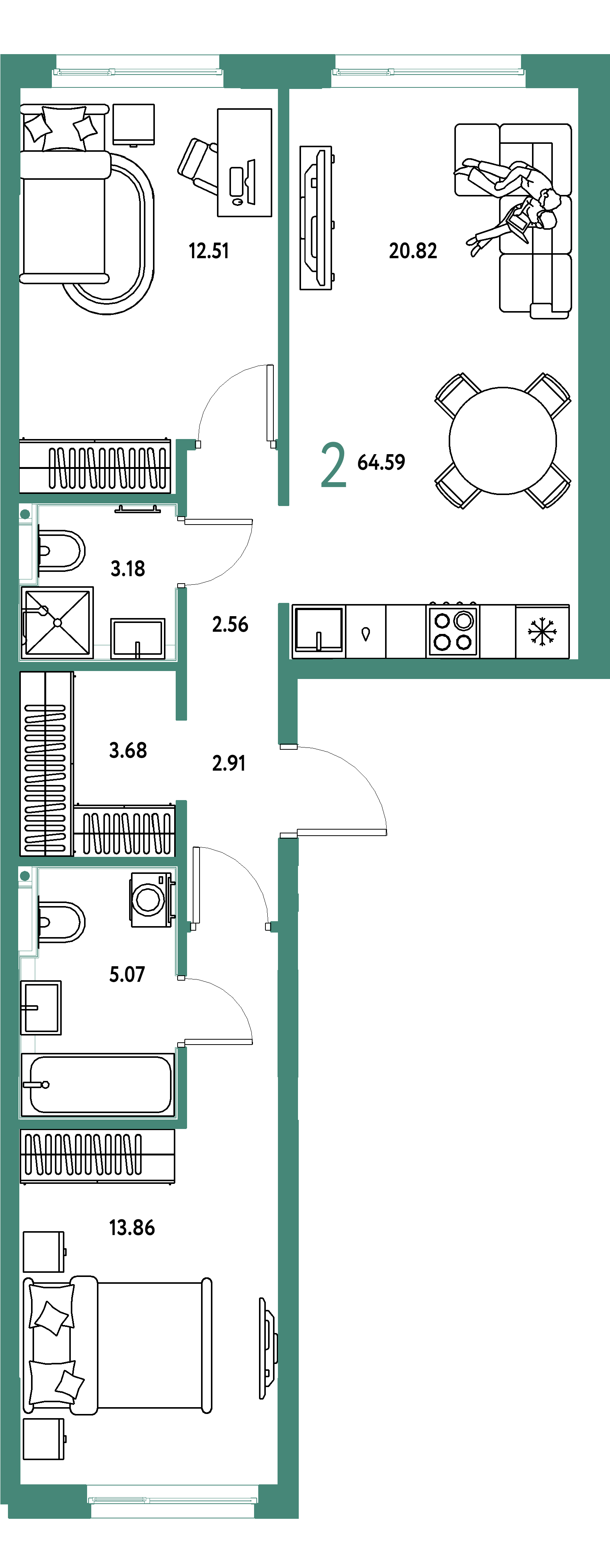 ЖК "Сердце Сибири"-2-комнатная 64.59 м²
