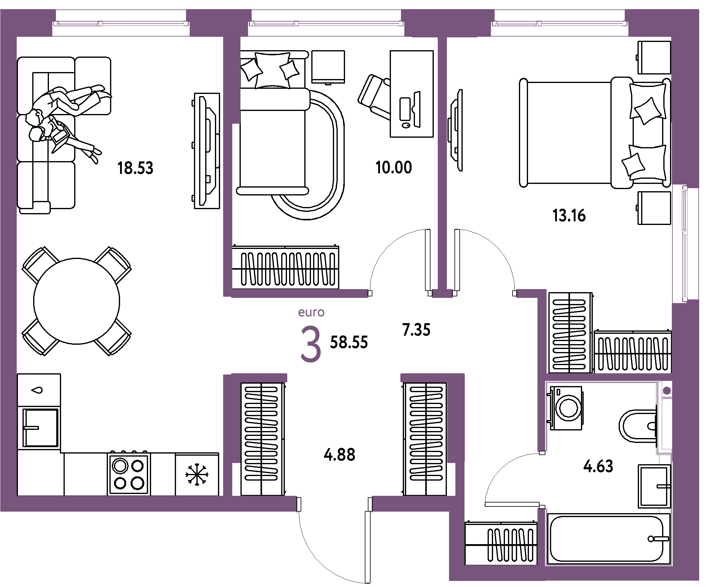 ЖК "Сердце Сибири"-3-комнатная 58.55 м²