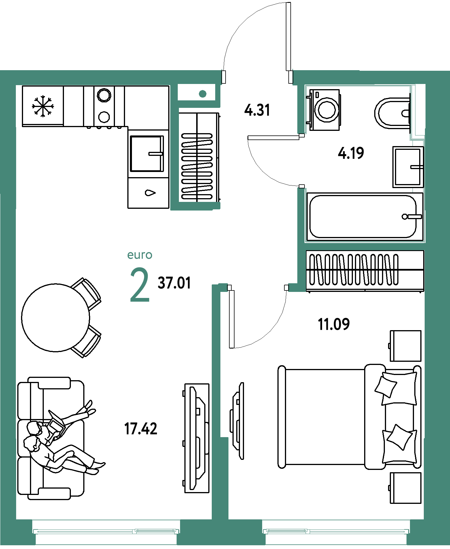 ЖК "Сердце Сибири"-2-комнатная 37.01 м²