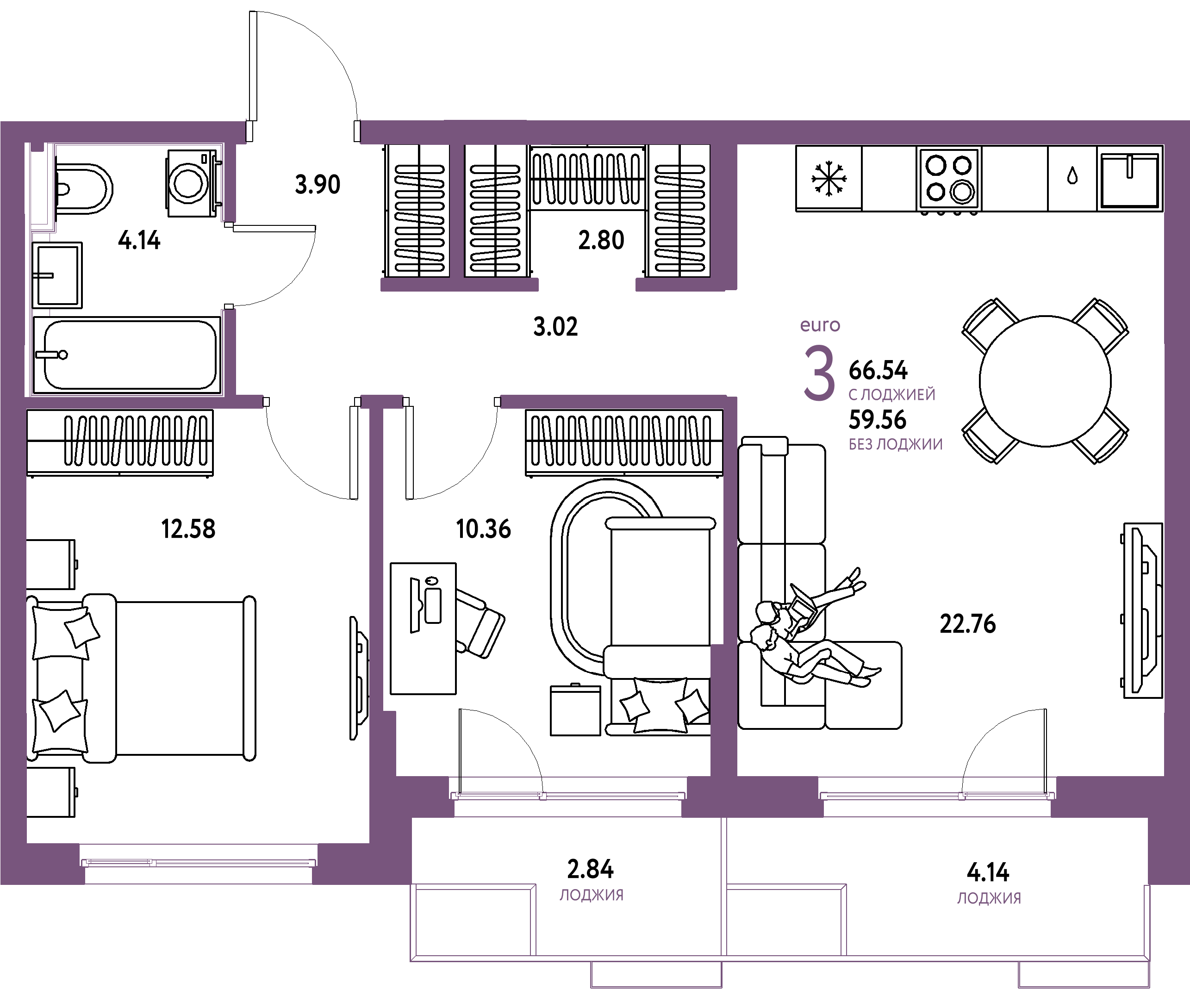 ЖК "Сердце Сибири"-3-комнатная 66.54 м²
