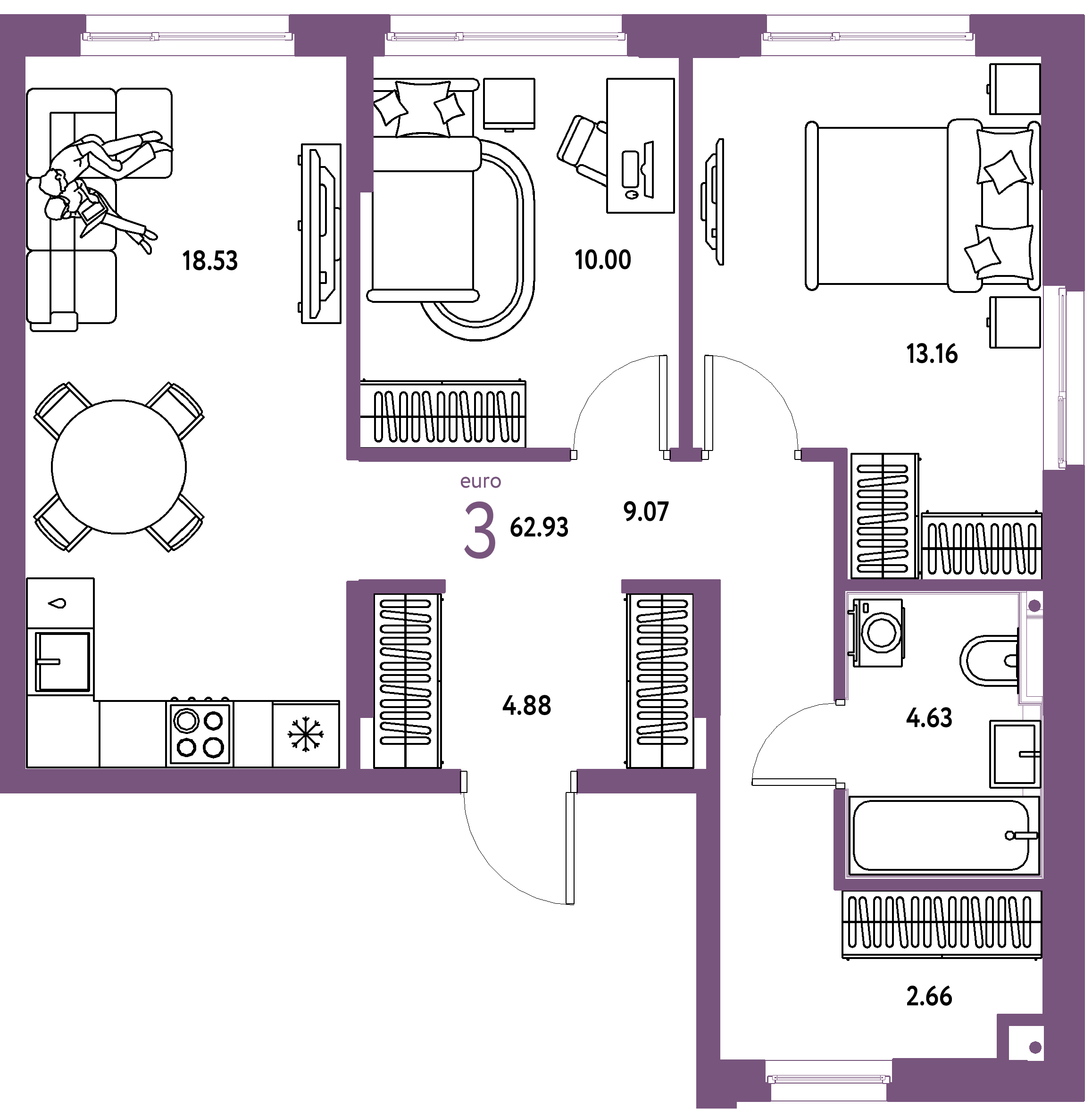 ЖК "Сердце Сибири"-3-комнатная 62.93 м²