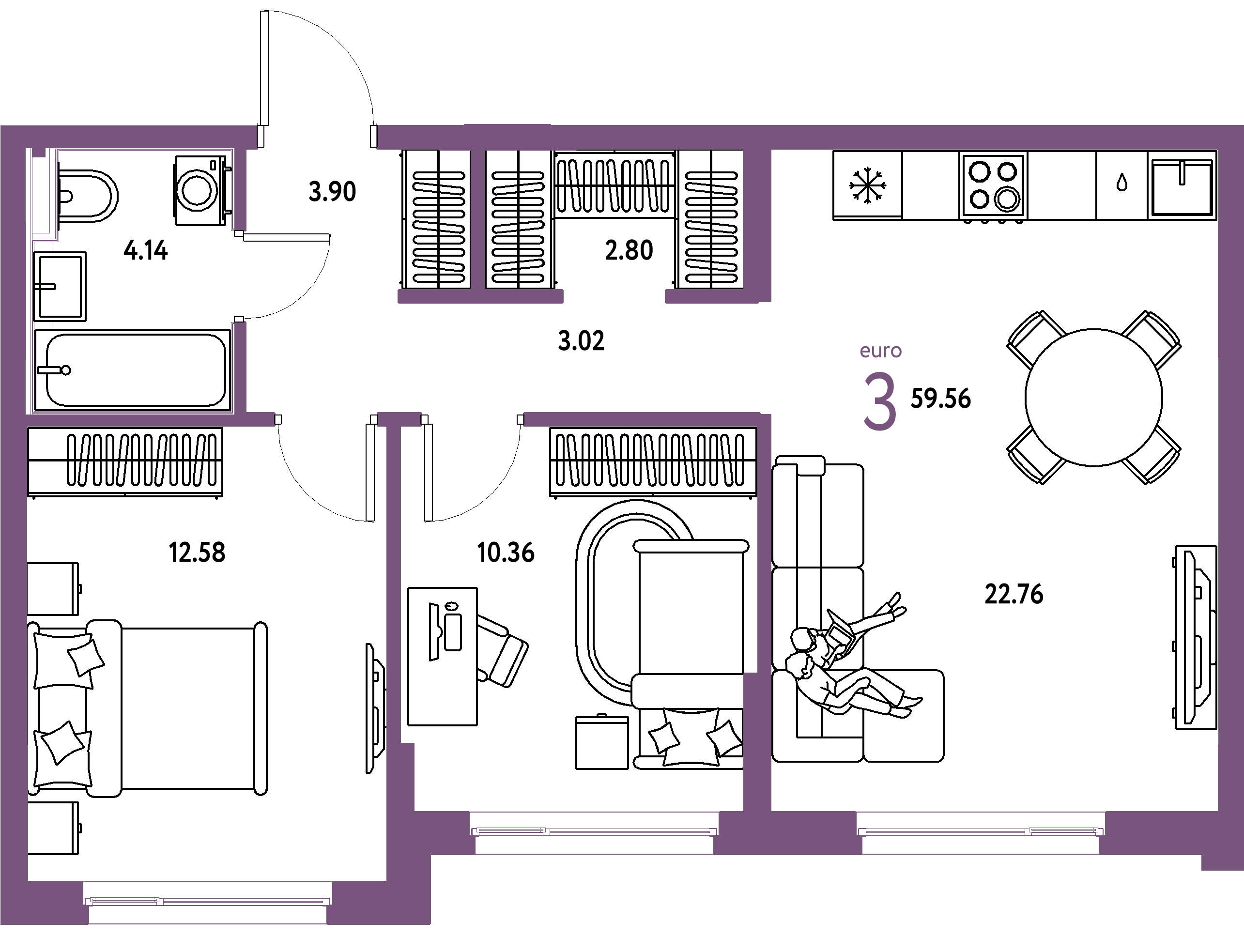 ЖК "Сердце Сибири"-3-комнатная 59.56 м²