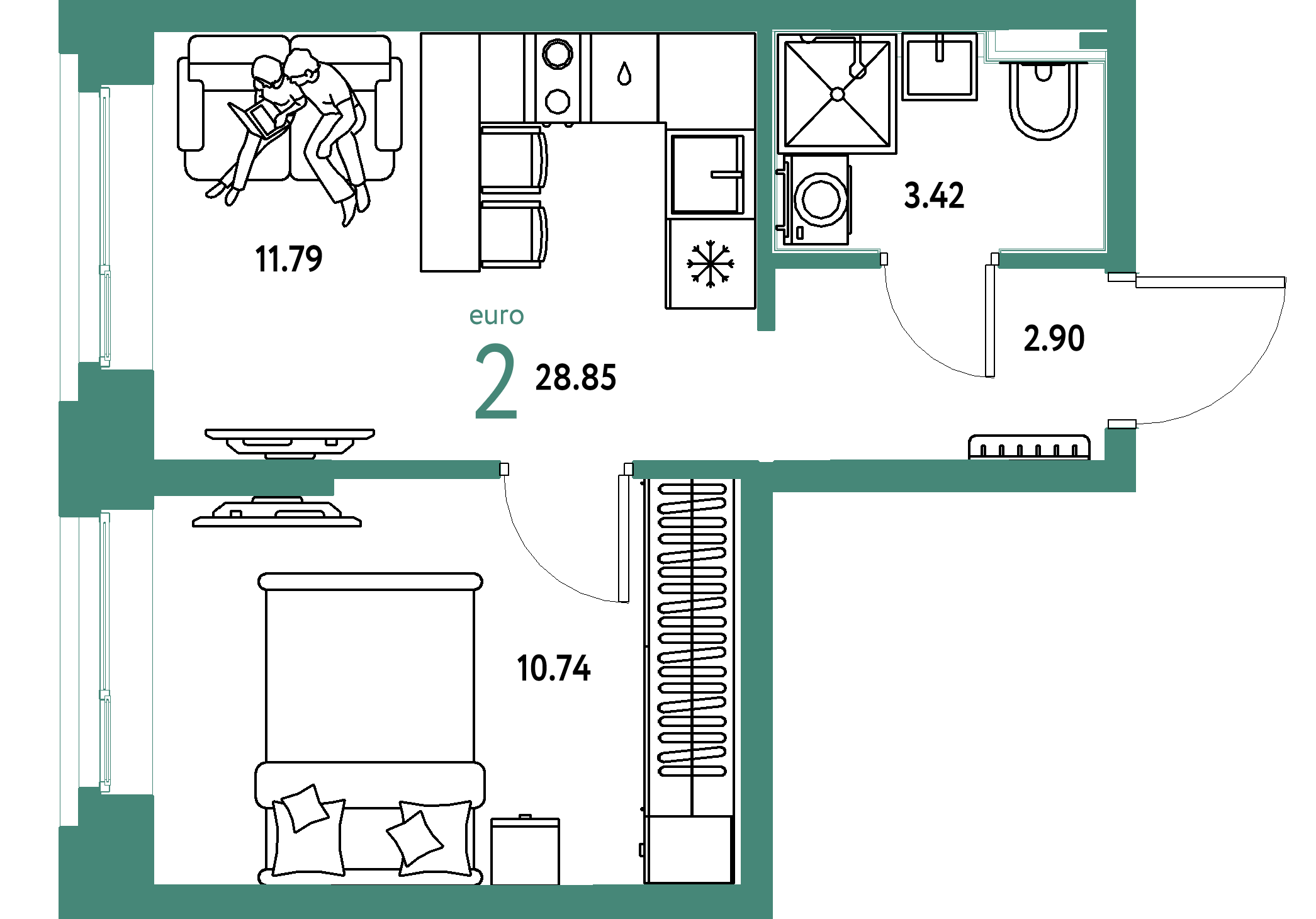ЖК "Сердце Сибири"-2-комнатная 28.85 м²
