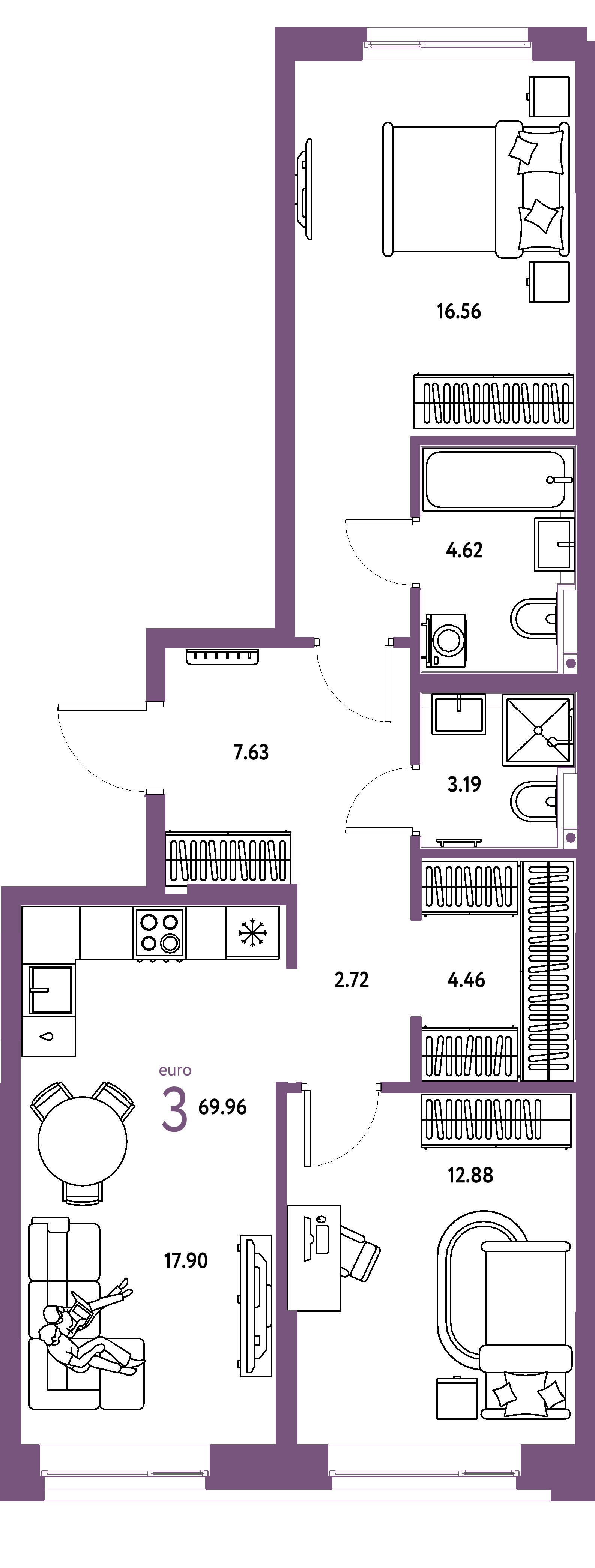 ЖК "Сердце Сибири"-3-комнатная 69.96 м²