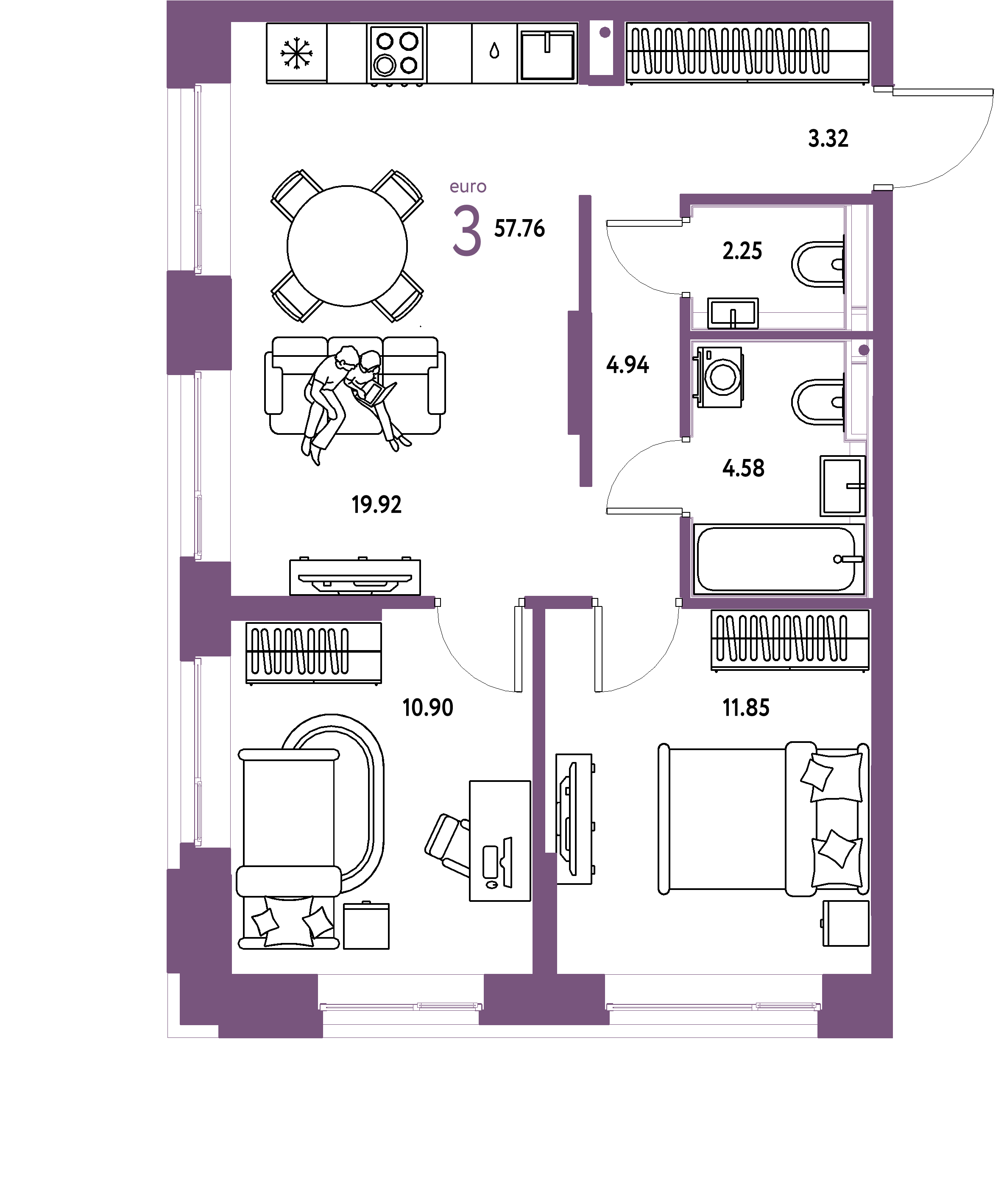 ЖК "Сердце Сибири"-3-комнатная 57.76 м²