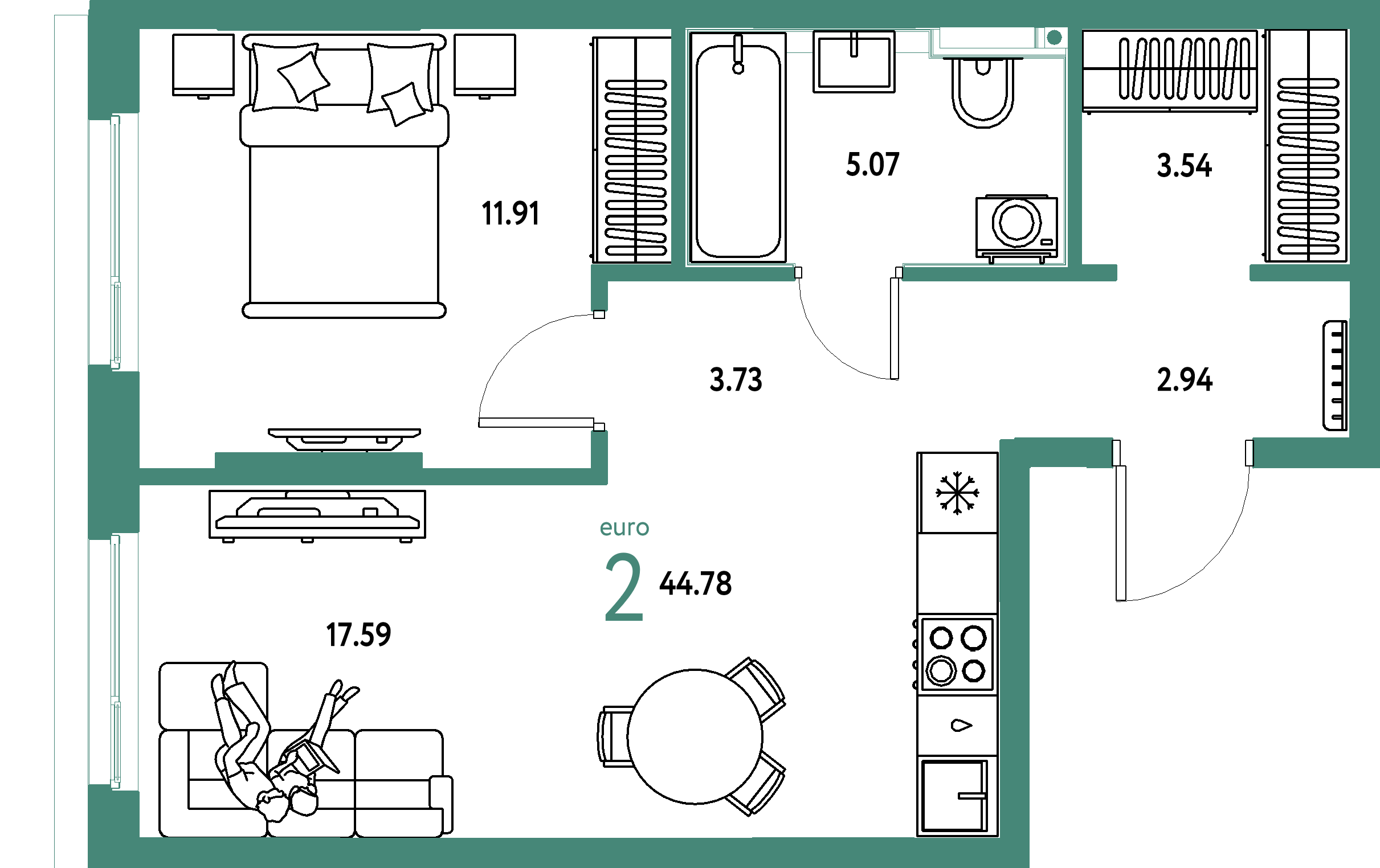 ЖК "Сердце Сибири"-2-комнатная 44.78 м²