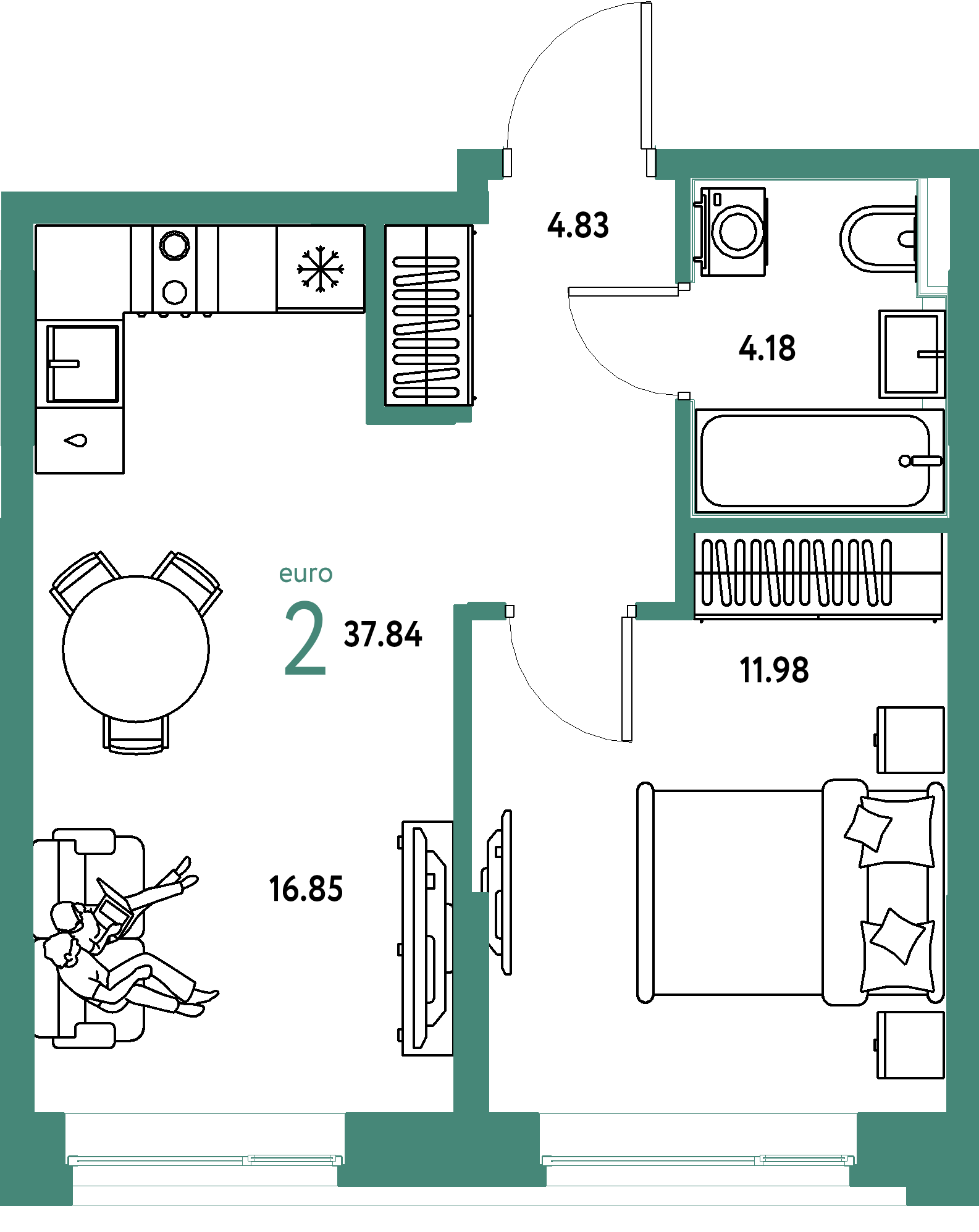 ЖК "Сердце Сибири"-2-комнатная 37.84 м²