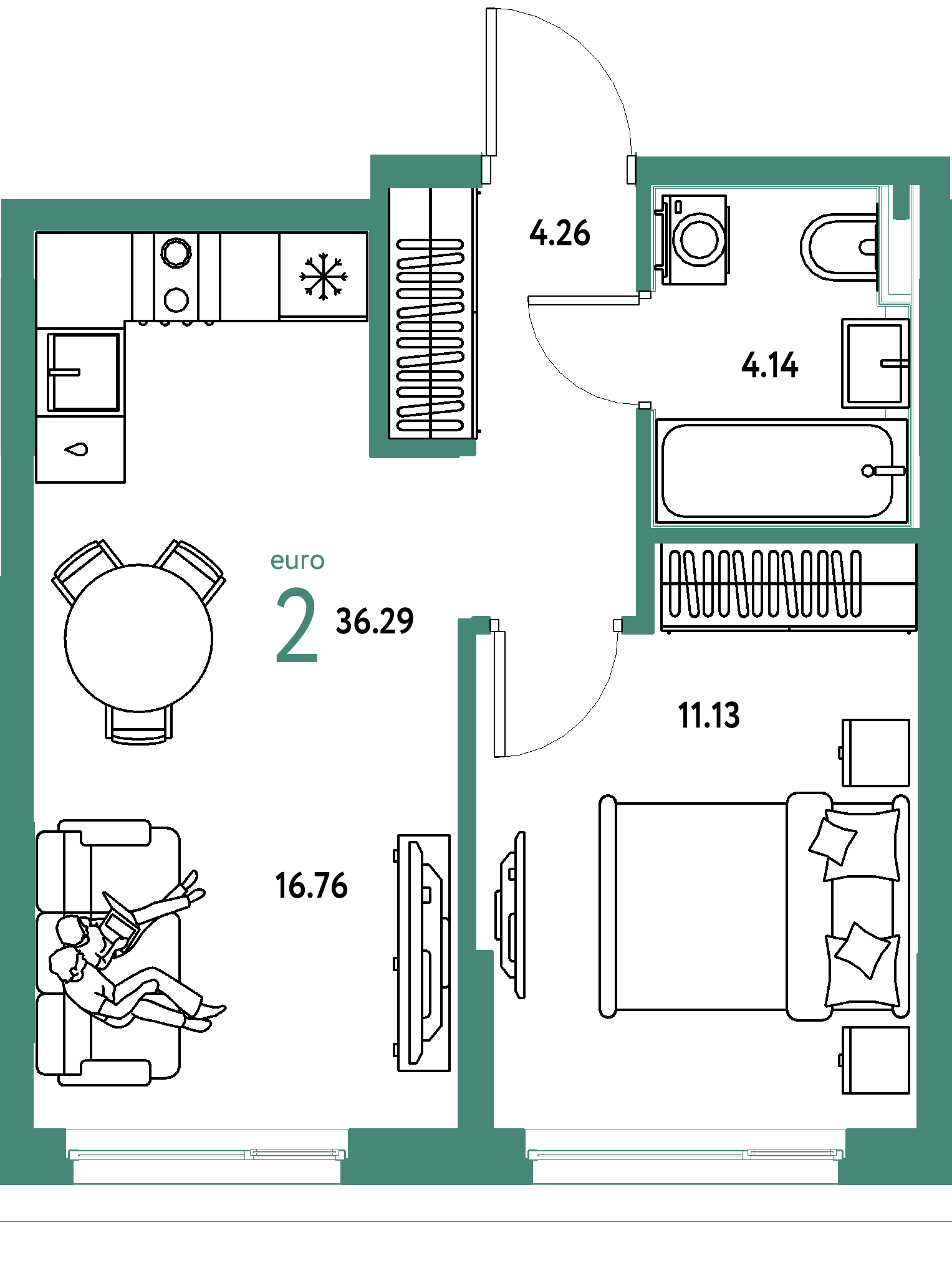 ЖК "Сердце Сибири"-2-комнатная 36.29 м²