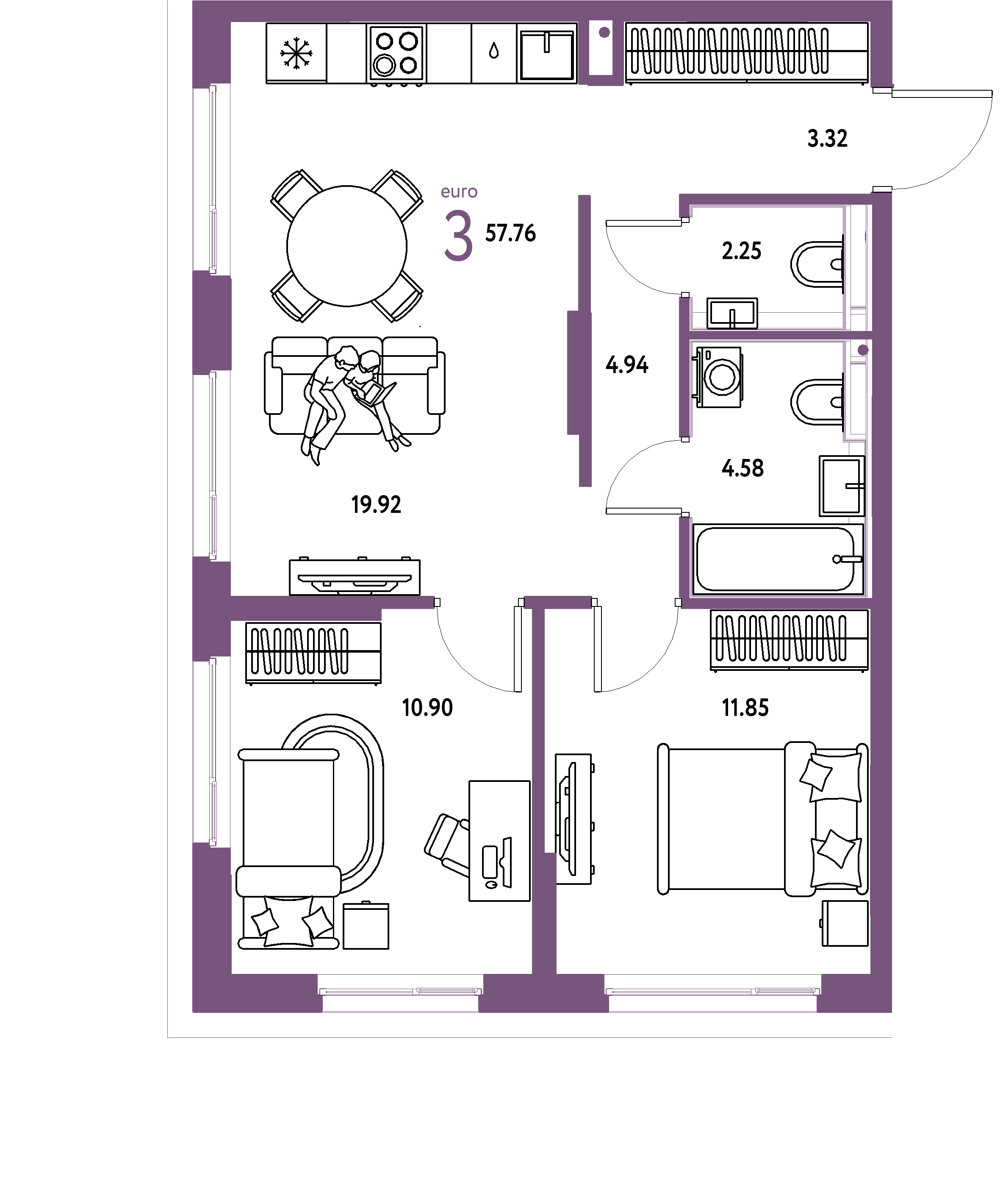 ЖК "Сердце Сибири"-3-комнатная 57.76 м²