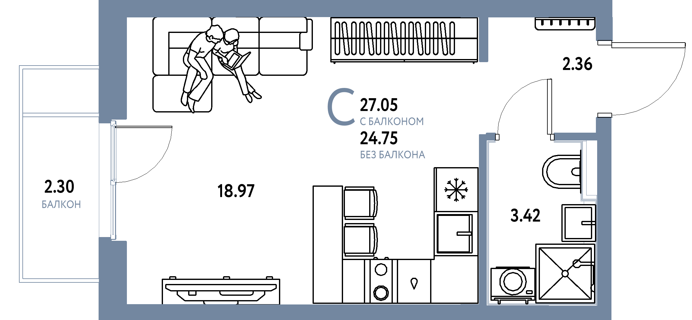 ЖК "Сердце Сибири"-Студия 27.05 м²